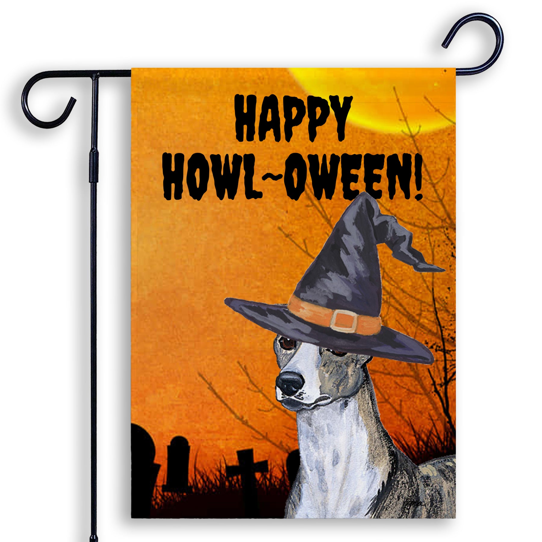 Halloween-themed garden flag with a Whippet wearing a witch hat and 'Happy Howl-Oween!' text on an orange background.