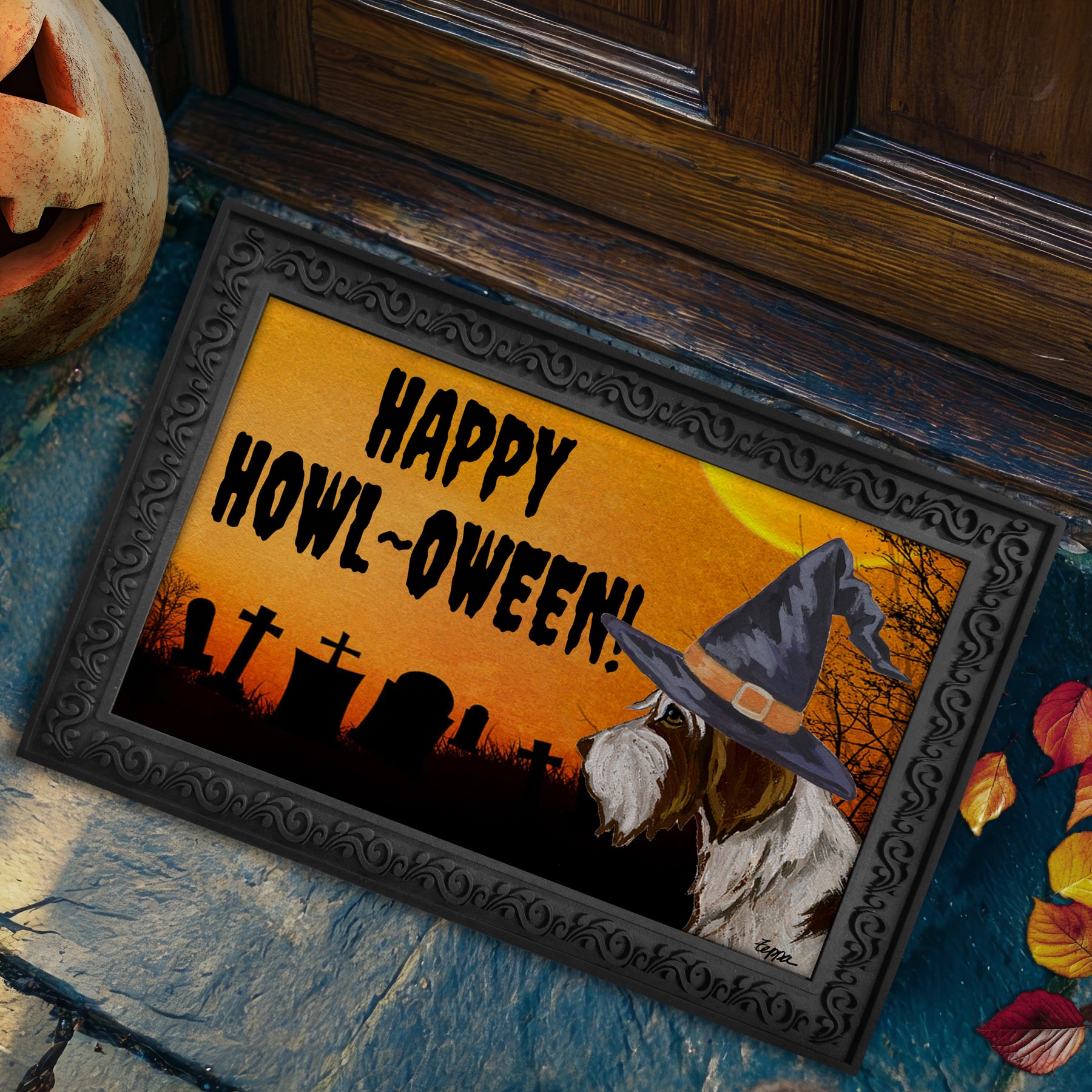 Halloween-themed doormat with a Wire Haired Pointing Griffon wearing a witch hat and 'Happy Howl-Oween!' text.