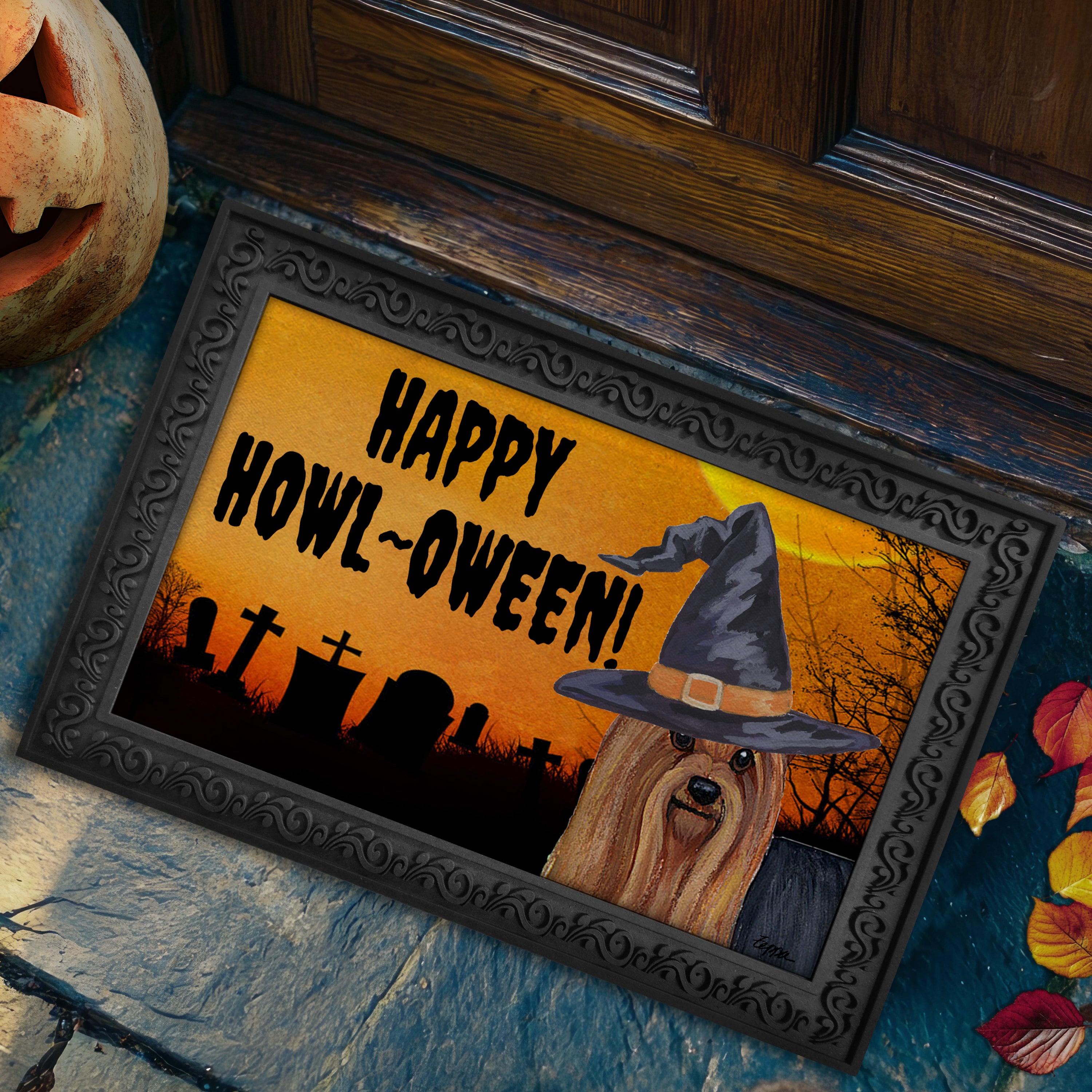 Halloween-themed doormat with a Yorkshire Terrier wearing a witch hat and 'Happy Howl-Oween!' text.