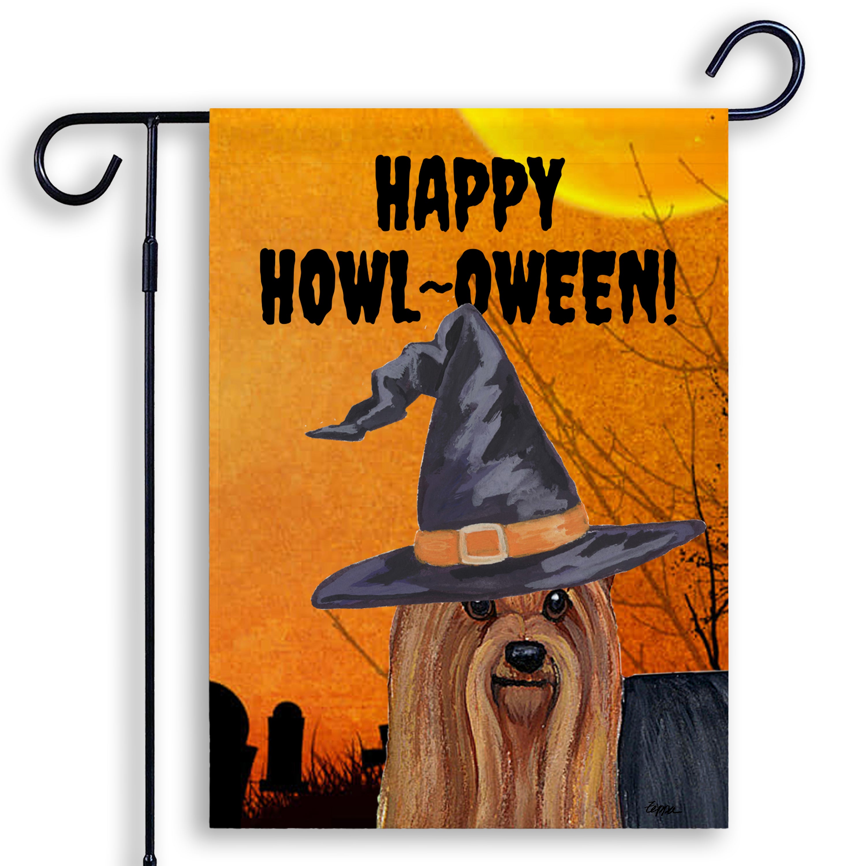 Halloween-themed garden flag with a Yorkshire Terrier wearing a witch hat and 'Happy Howl-Oween!' text on an orange background.