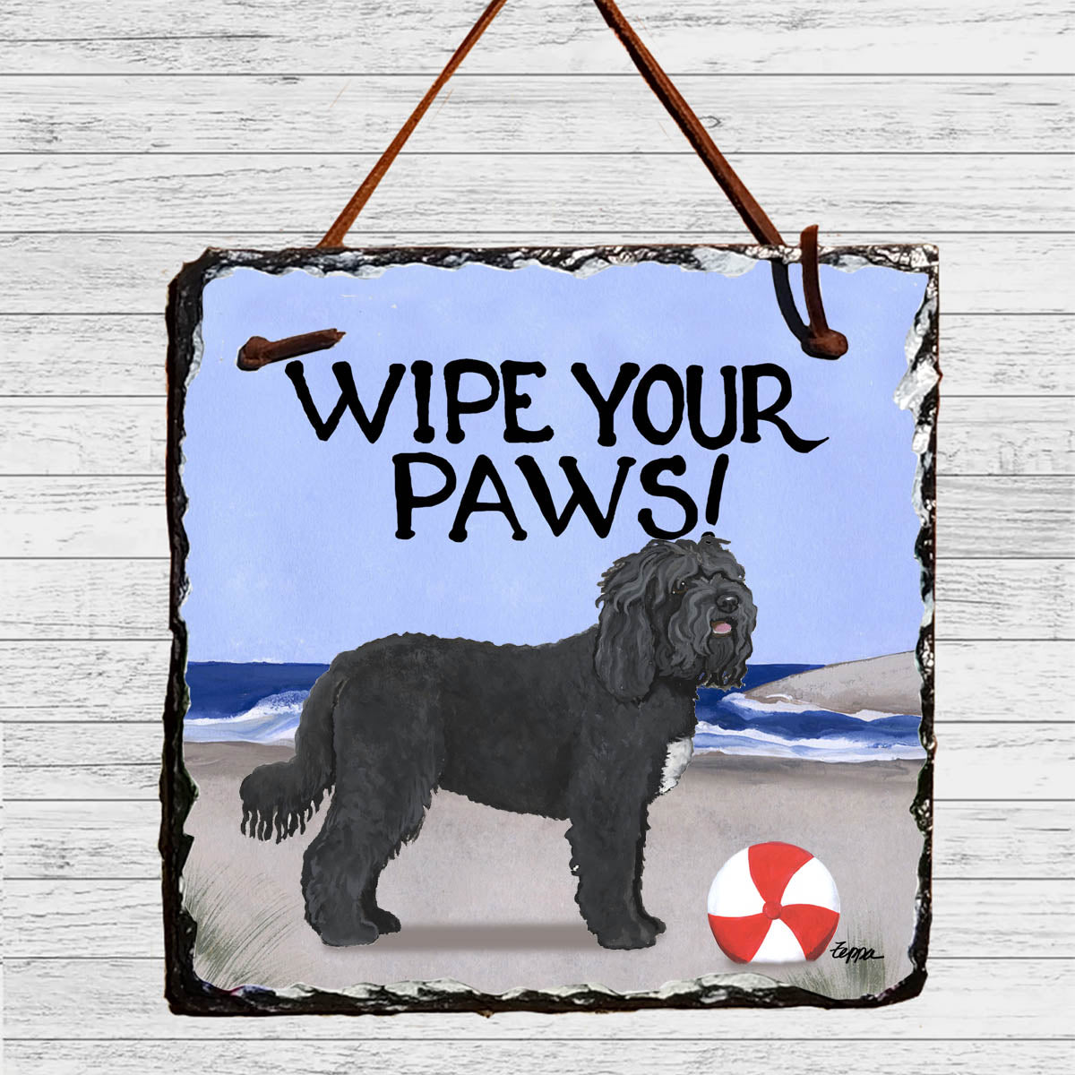 Barbet on the beach Wipe Your Paws Slate SIgn