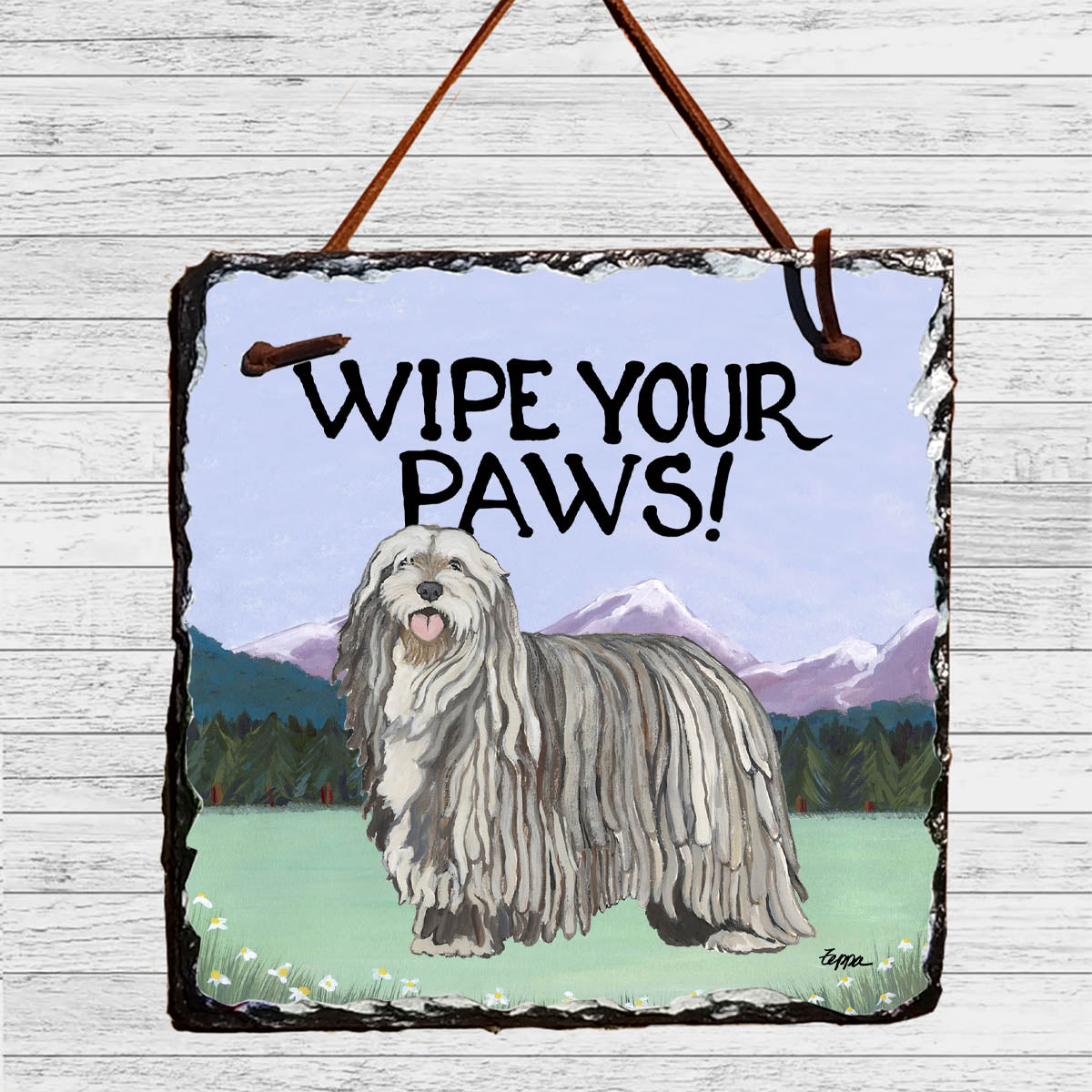 Bergamasco WIpe Your Paws Slate Sign