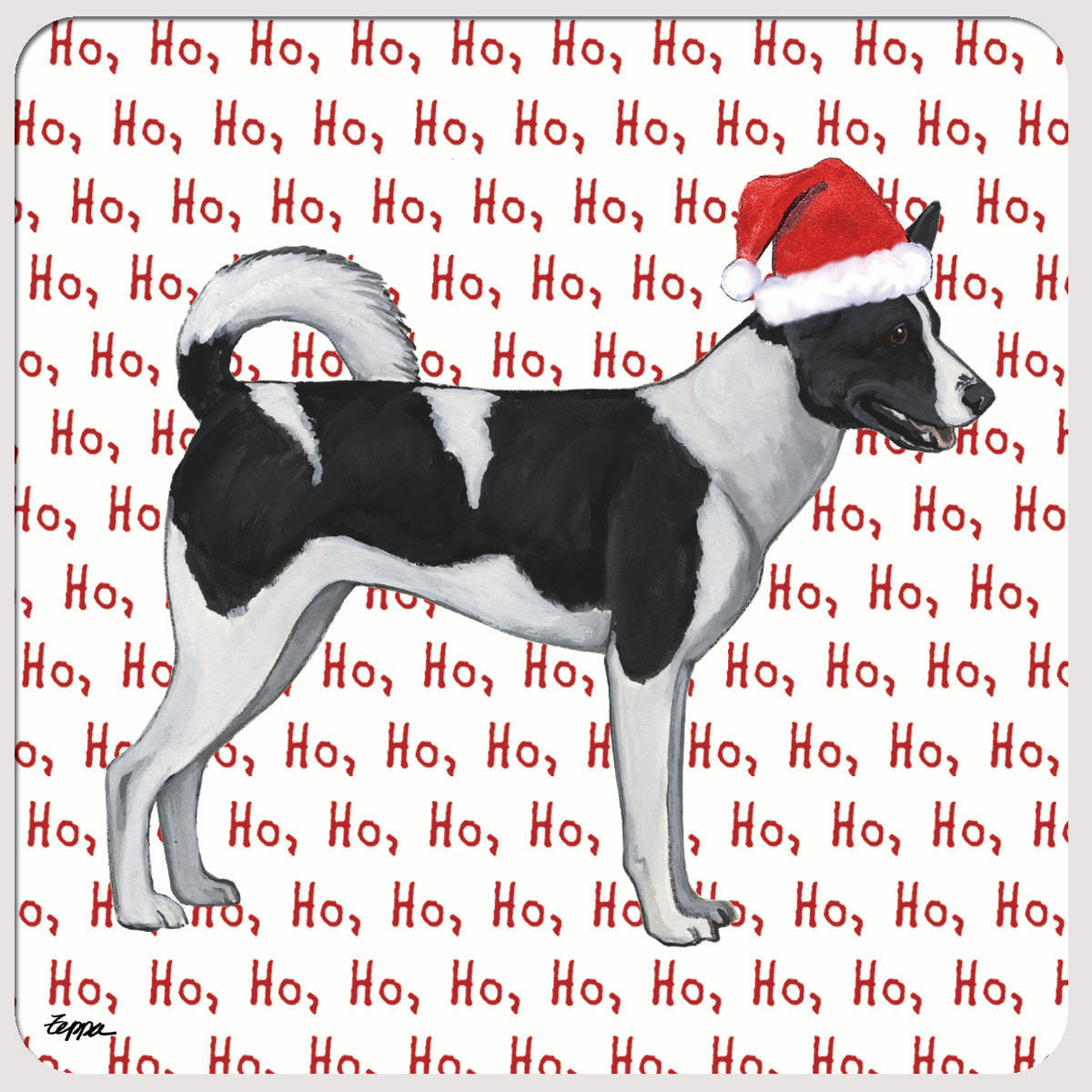 Canaan Dog wearing a Santa hat on a 'Ho Ho Ho' Coaster