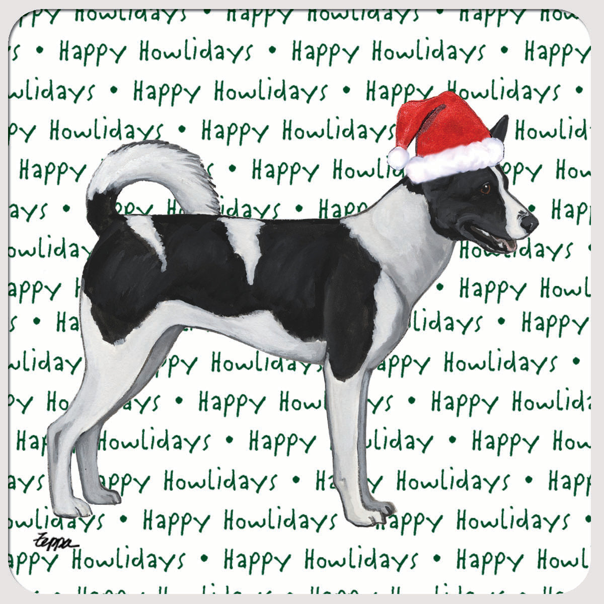 Canaan Dog wearing a Santa hat on a 'Happy Howlidays' Coaster