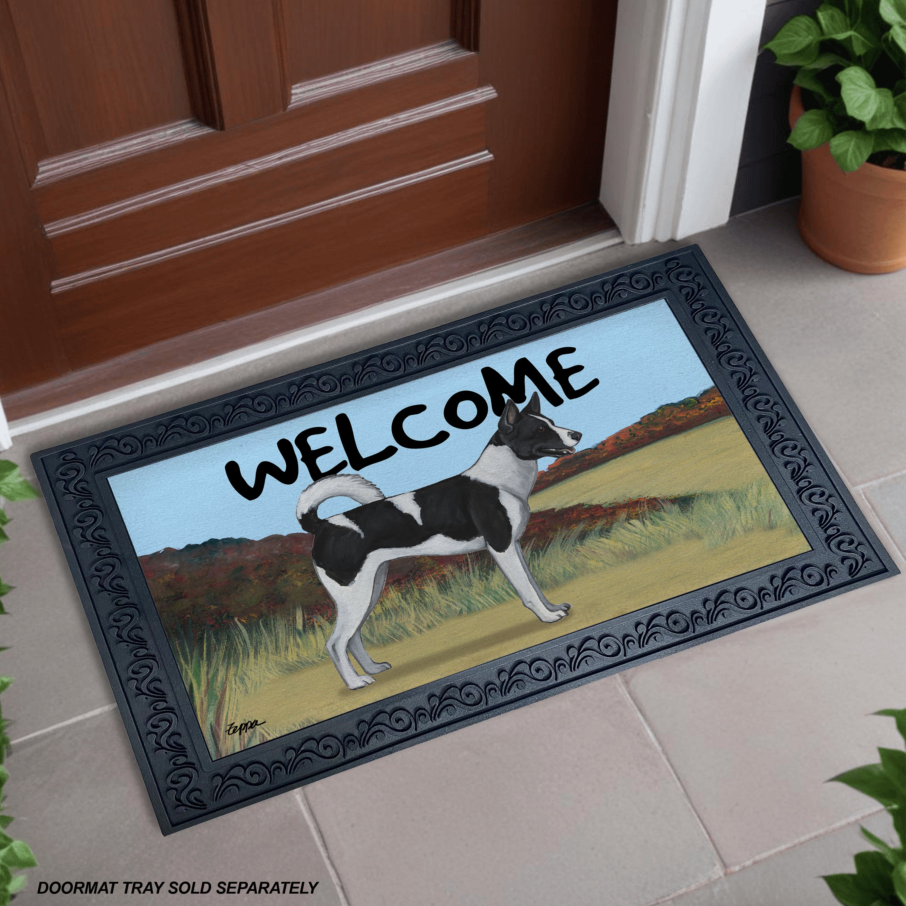 Canaan Dog Welcome Mat at the door.