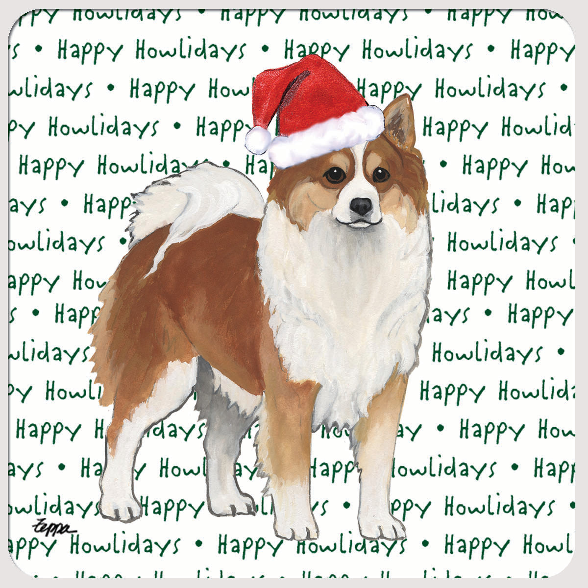 Icelandic Sheepdog wearing a Santa hat on 'Happy Howlidays' beverage coasters.