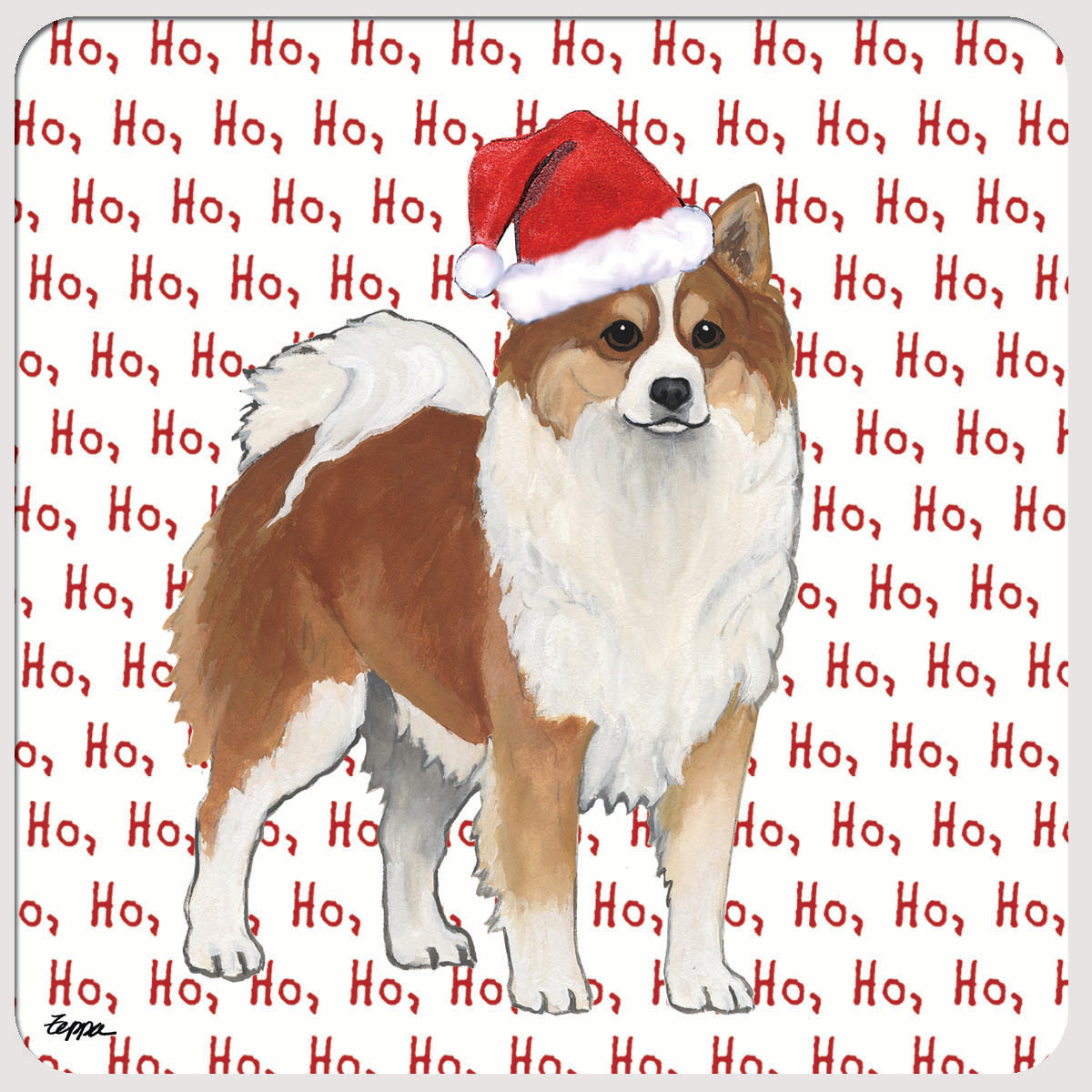 Icelandic Sheepdog wearing a Santa hat on 'Ho Ho Ho' beverage coasters.