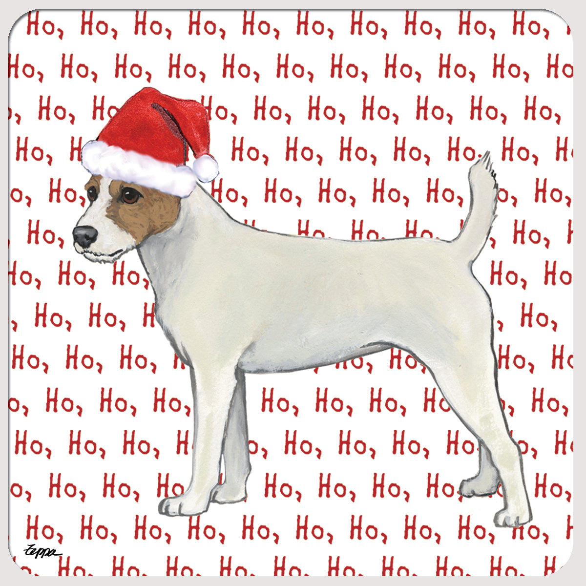 Parson Russell wearing a Santa hat on a coaster with a 'Ho Ho Ho' text background.