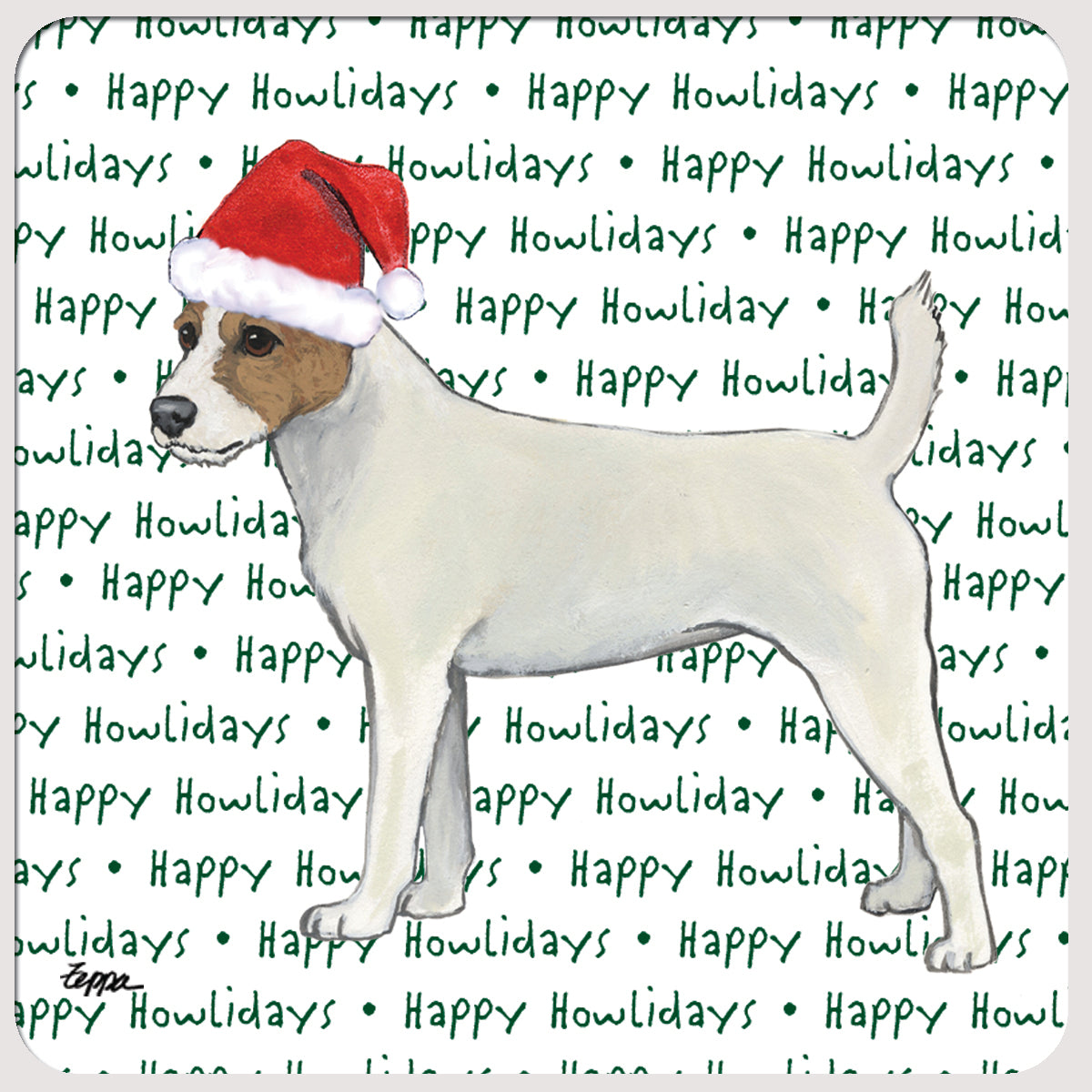 Parson Russell wearing a Santa hat on a coaster with a 'Happy Howlidays' text background.