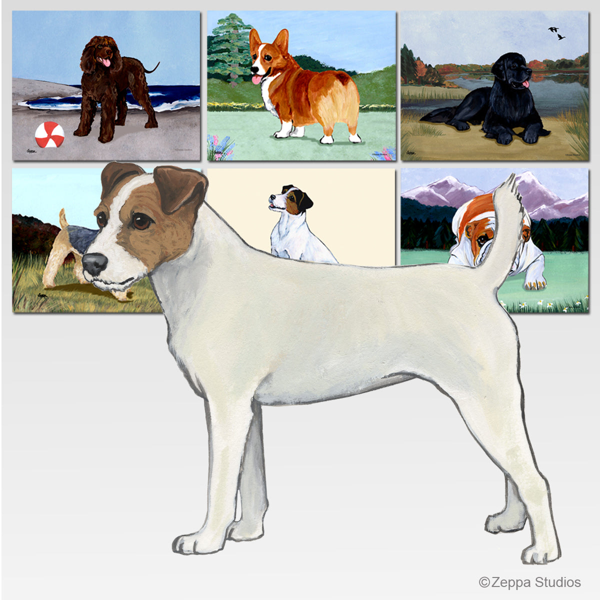 Parson Russell Terrier Design for Scenic Mousepads in front of a collage of the backgrounds.