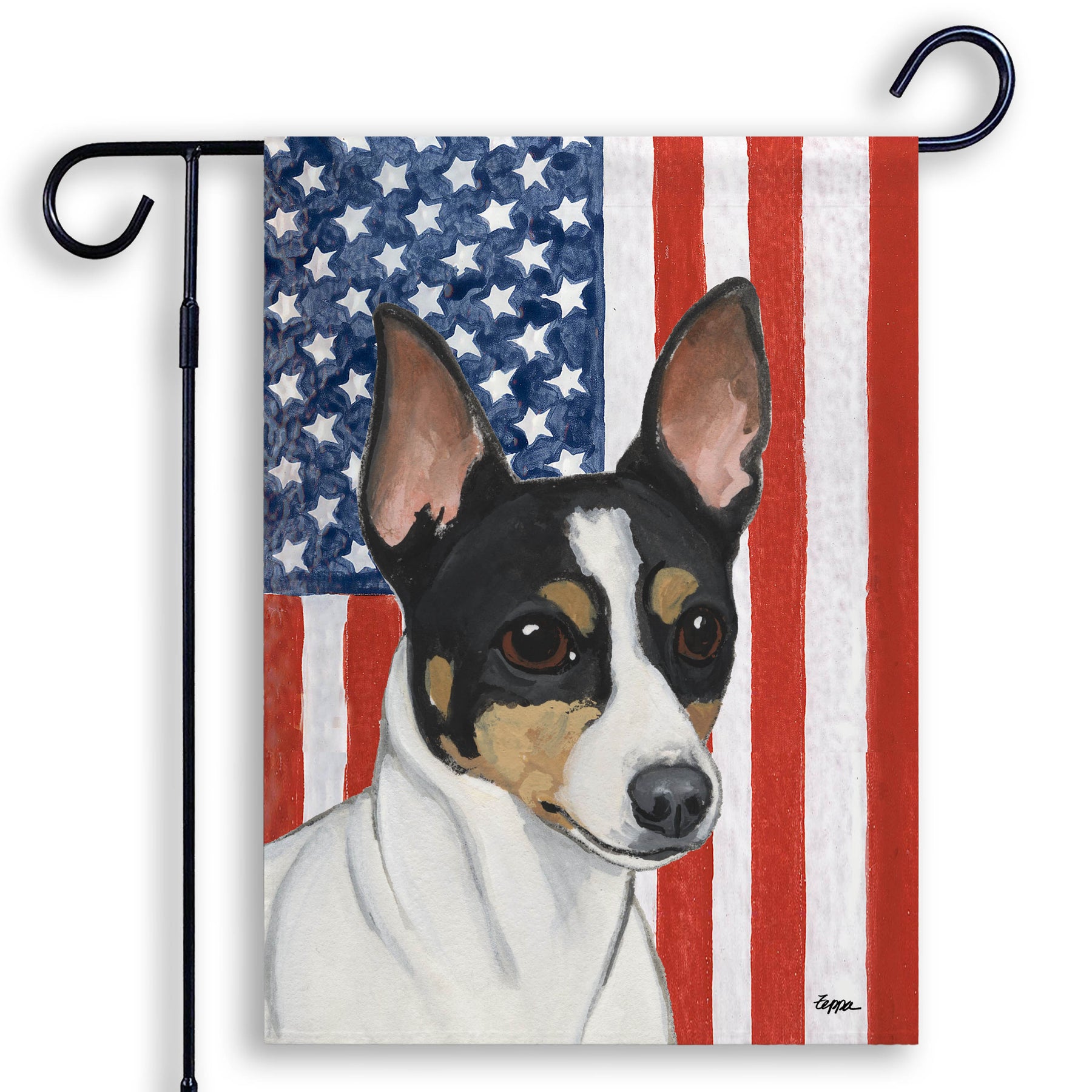 Flag with a Toy Fox Terrier's face design on an American flag background