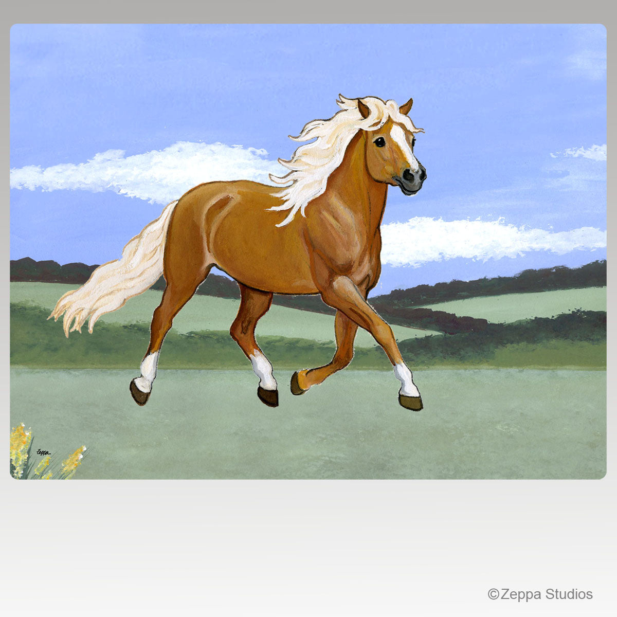 Haflinger trotting in a landscape design cutting board.