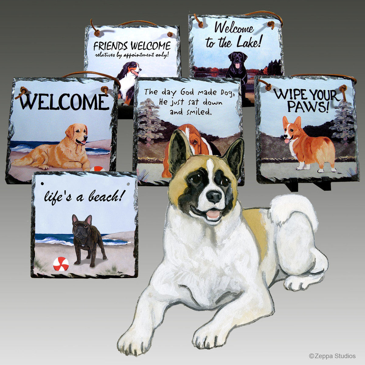 Akita Lying Down Slate Signs