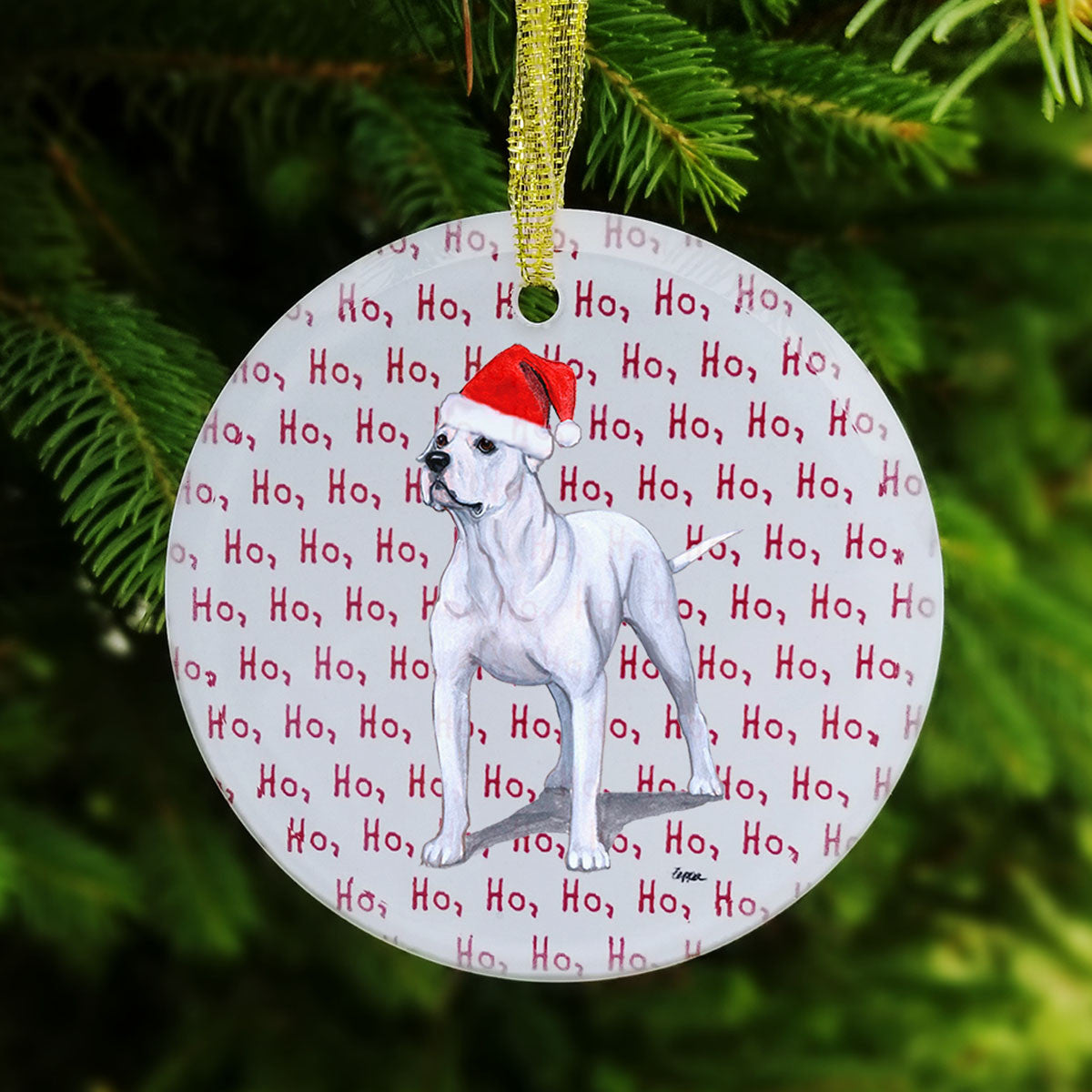American Bulldog Glass Christmas Ornament - Ho Ho Ho