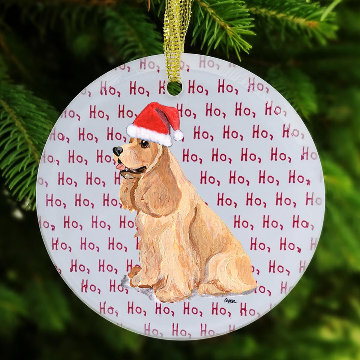 Blonde Cocker Spaniel Glass Christmas Ornament - Ho Ho Ho