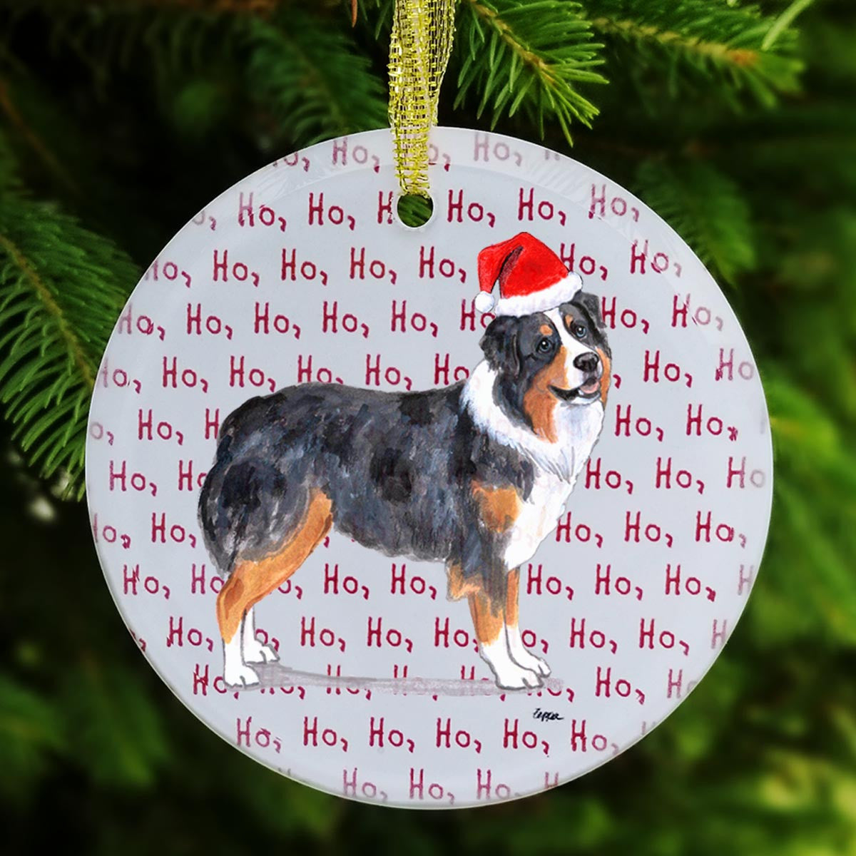 Australian Shepherd Glass Christmas Ornament - Ho Ho Ho