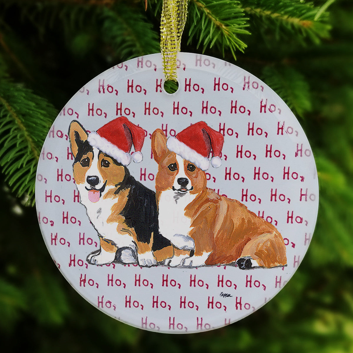Welsh Corgi Pair Ho Ho Ho Christmas Ornament