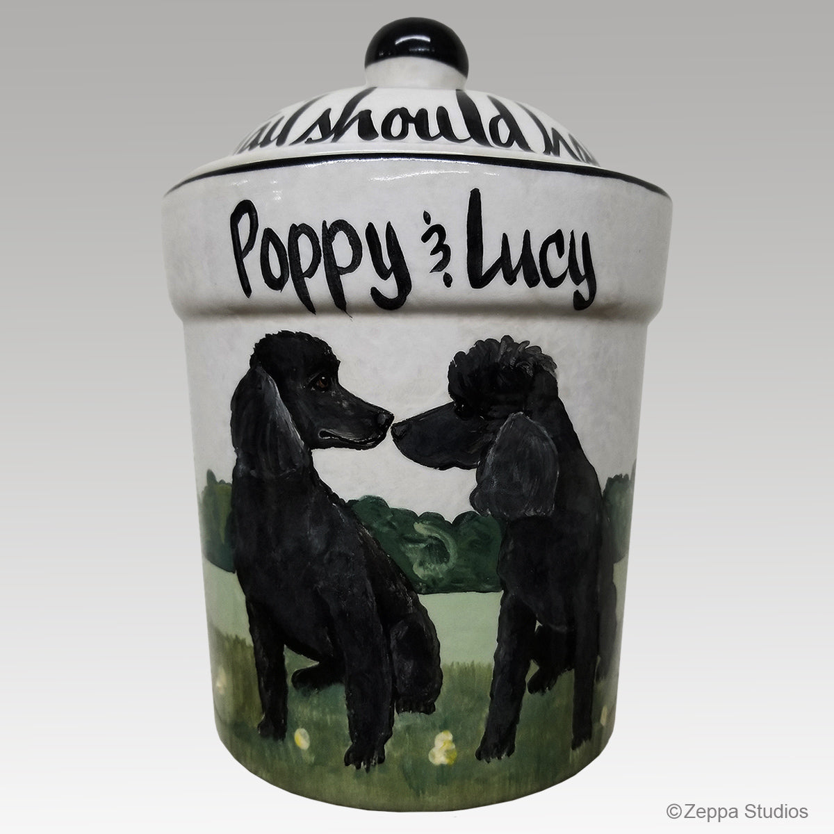 Custom Hand Painted Personalized Treat Jar by Zeppa Studios, Two Poodles