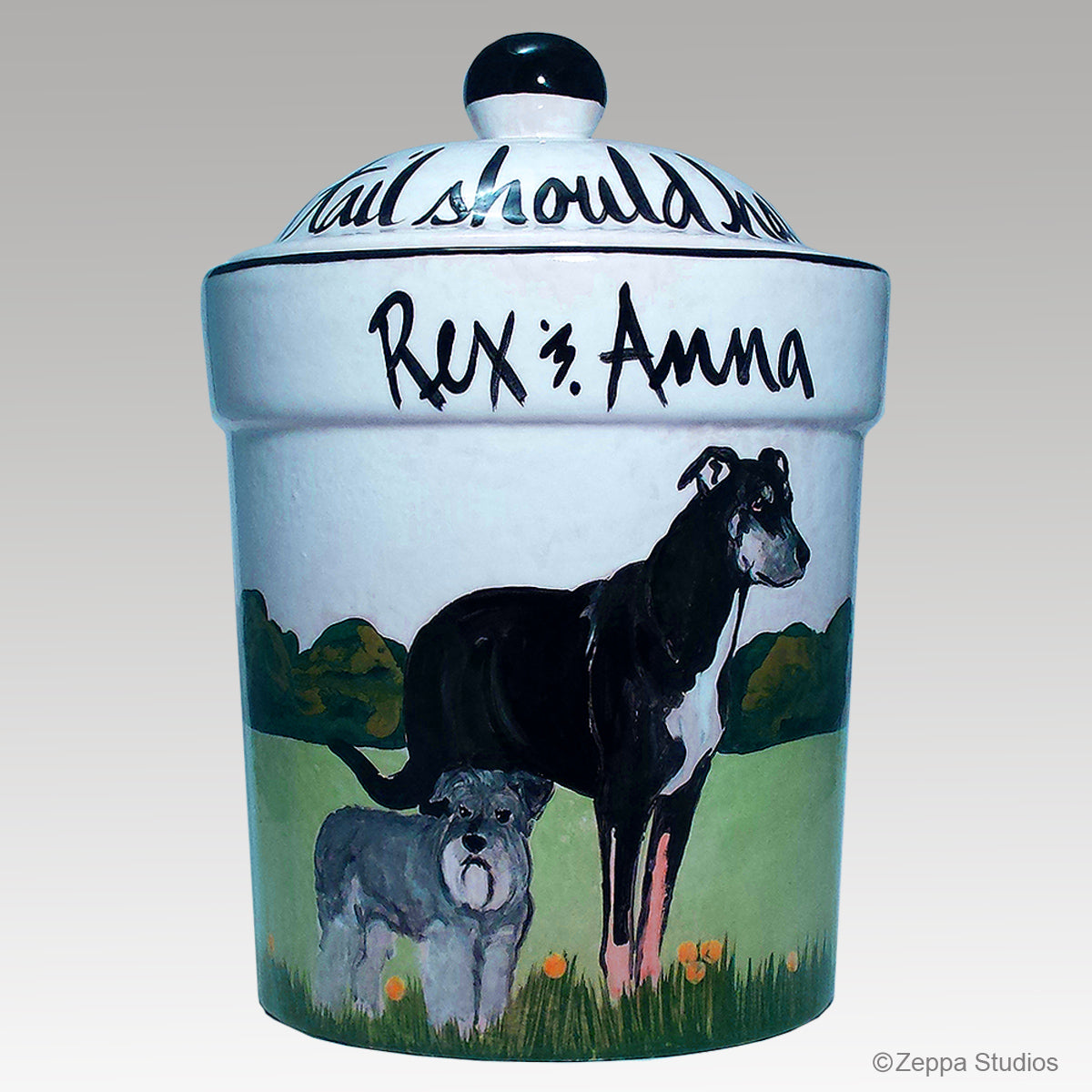 Hand Painted Custom Treat Jar by Zeppa Studios, Rex & Anna