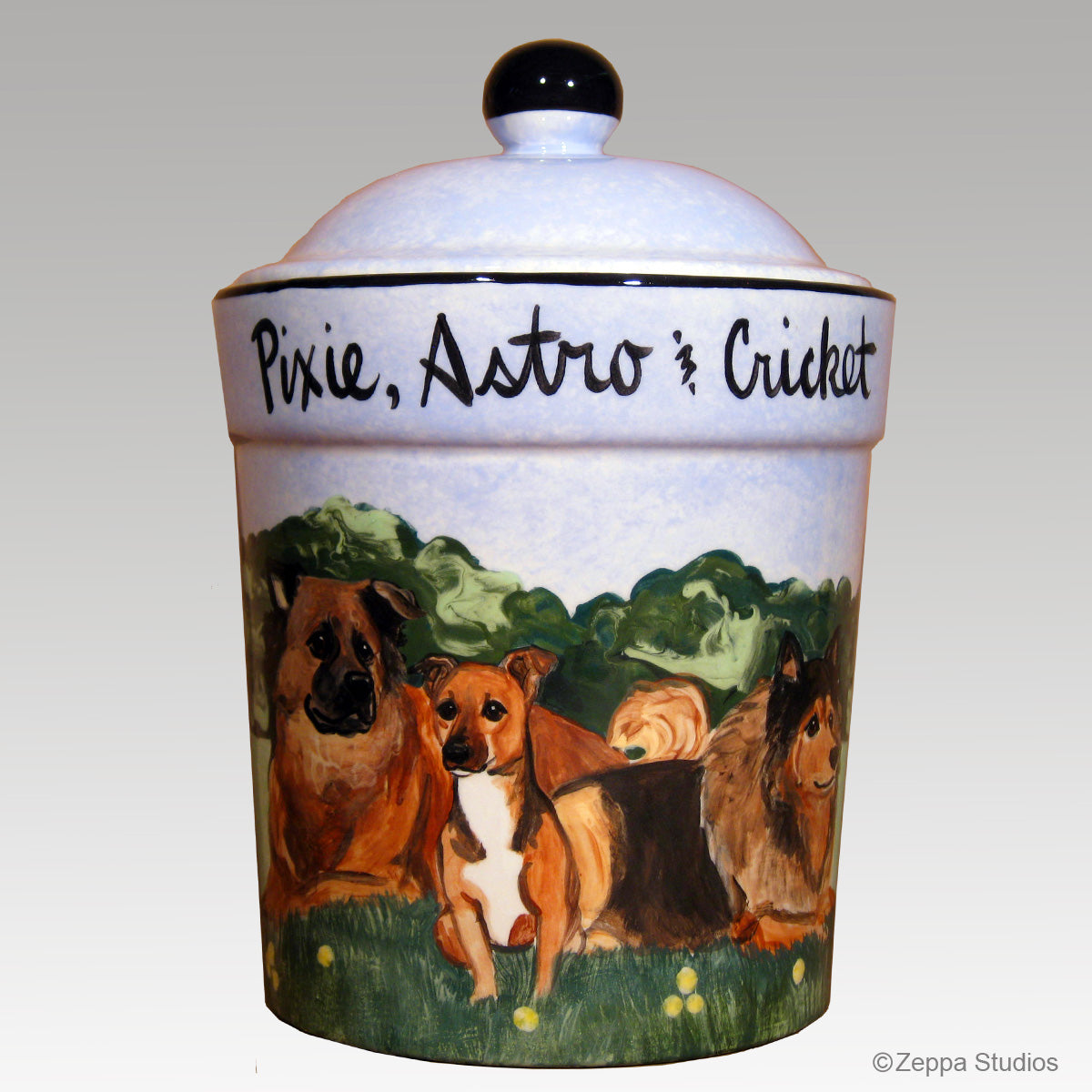 Hand Painted Ceramic Canister with three dogs.