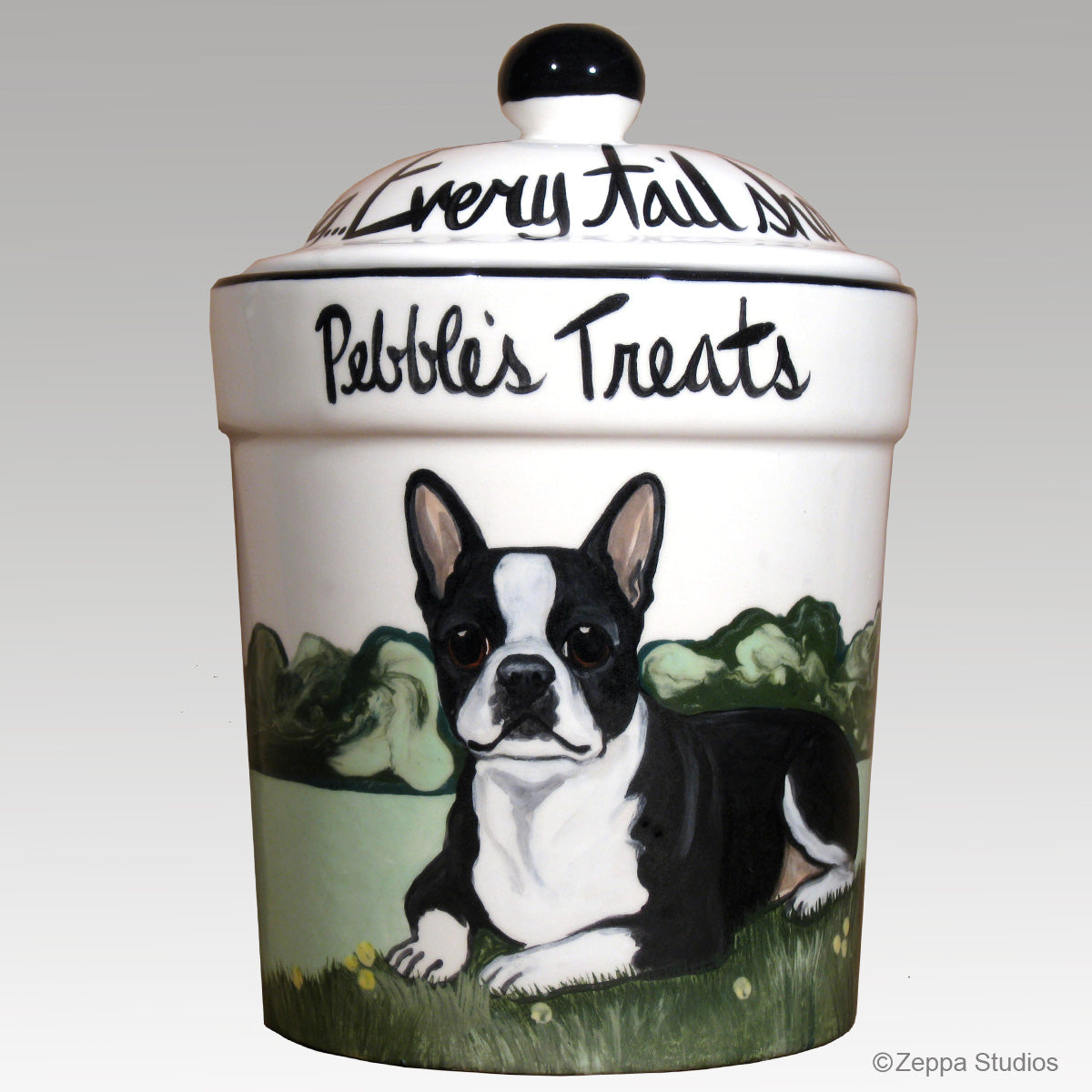 Custom Hand Painted Personalized Treat Jar by Zeppa Studios, Boston Terrier