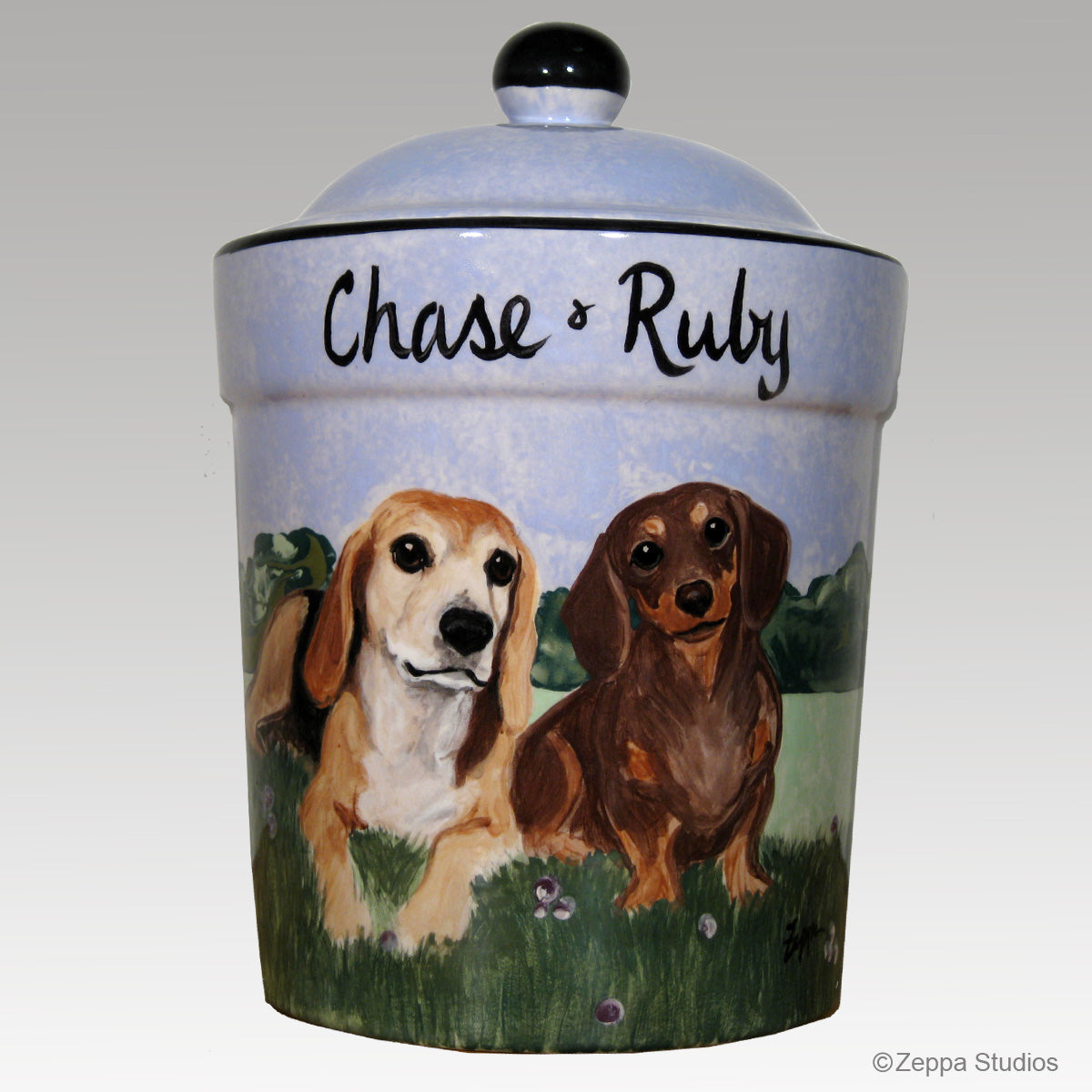 Custom Hand Painted Ceramic Treat Jar, "Chase & Ruby" by Zeppa Studios