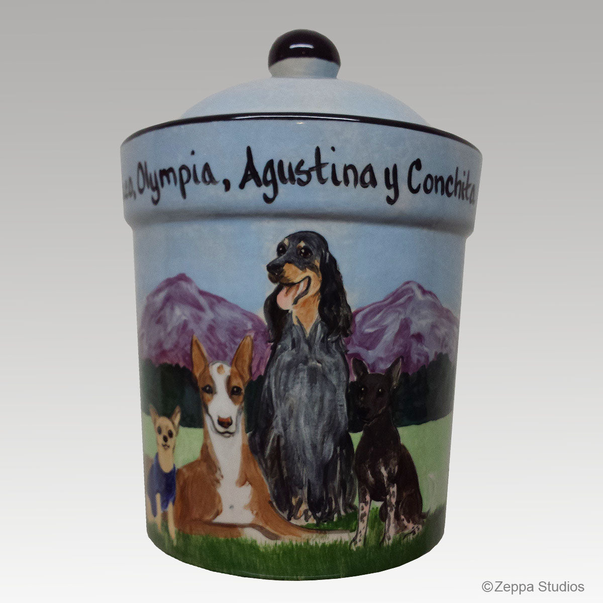 Custom Hand Painted Treat Canister with four dogs