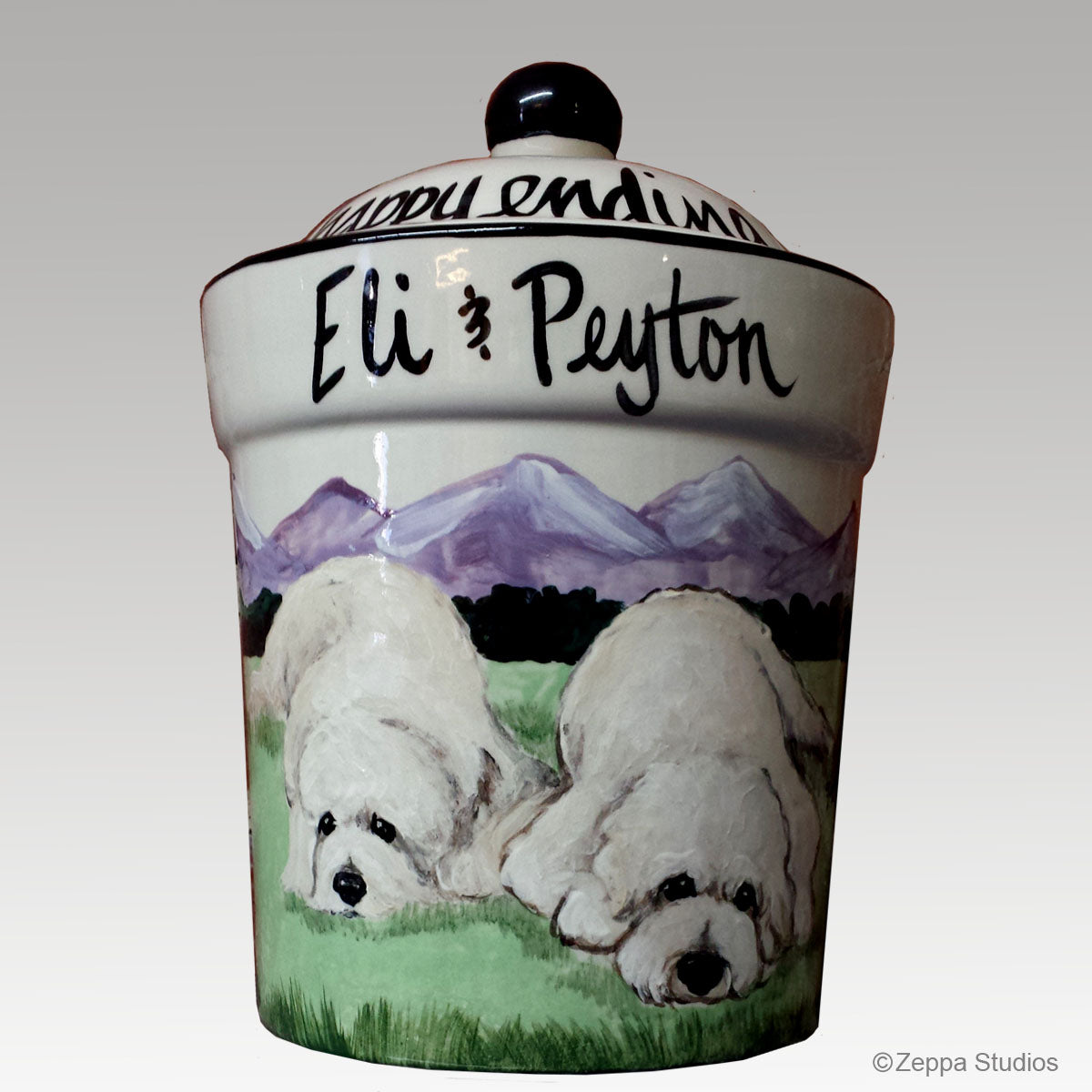 Hand Painted Custom Ceramic Treat Jar by Zeppa Studios, Two Golden Doodles