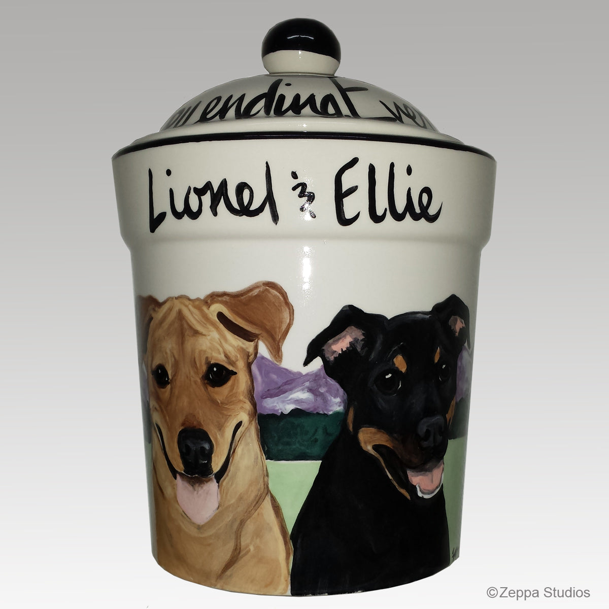 Hand Painted Custom Ceramic Treat Jar by Zeppa Studios, Two Dogs 