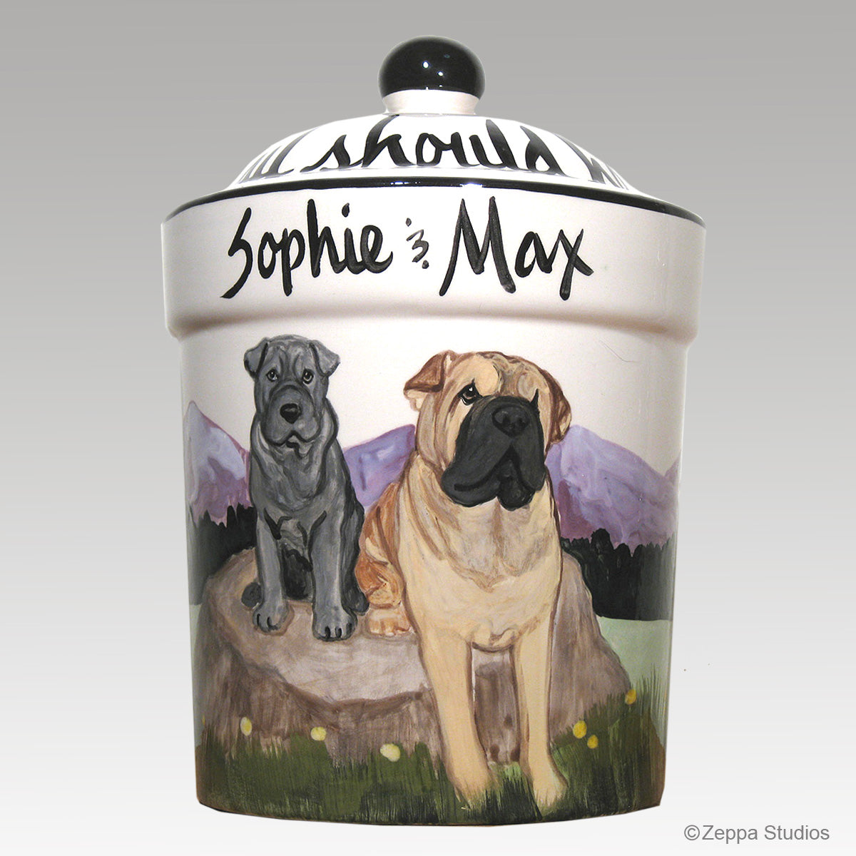 Hand Painted Custom Treat Jar by Zeppa Studios, Two Sharpei