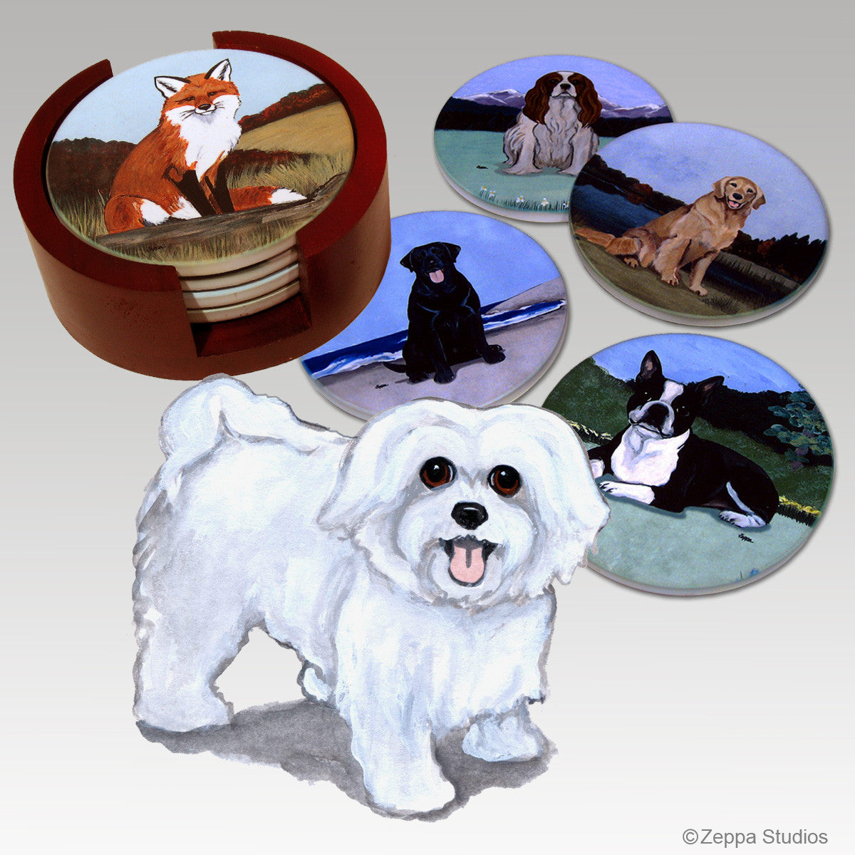 Puppy Clipped Maltese Bisque Coaster Set