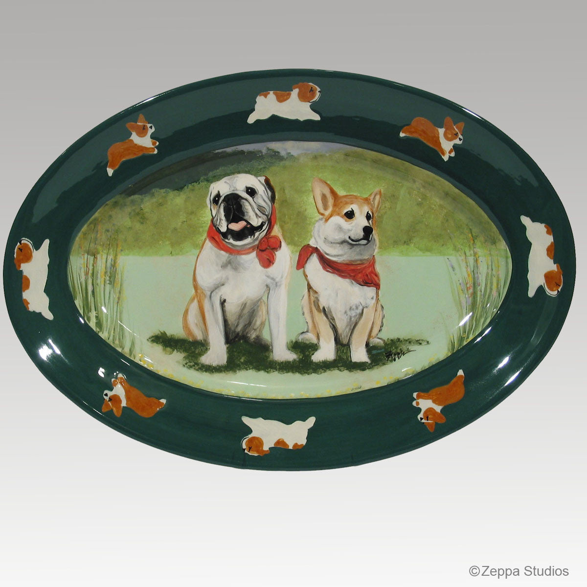 Original Style Hand Painted Platter, Bulldog and Corgi