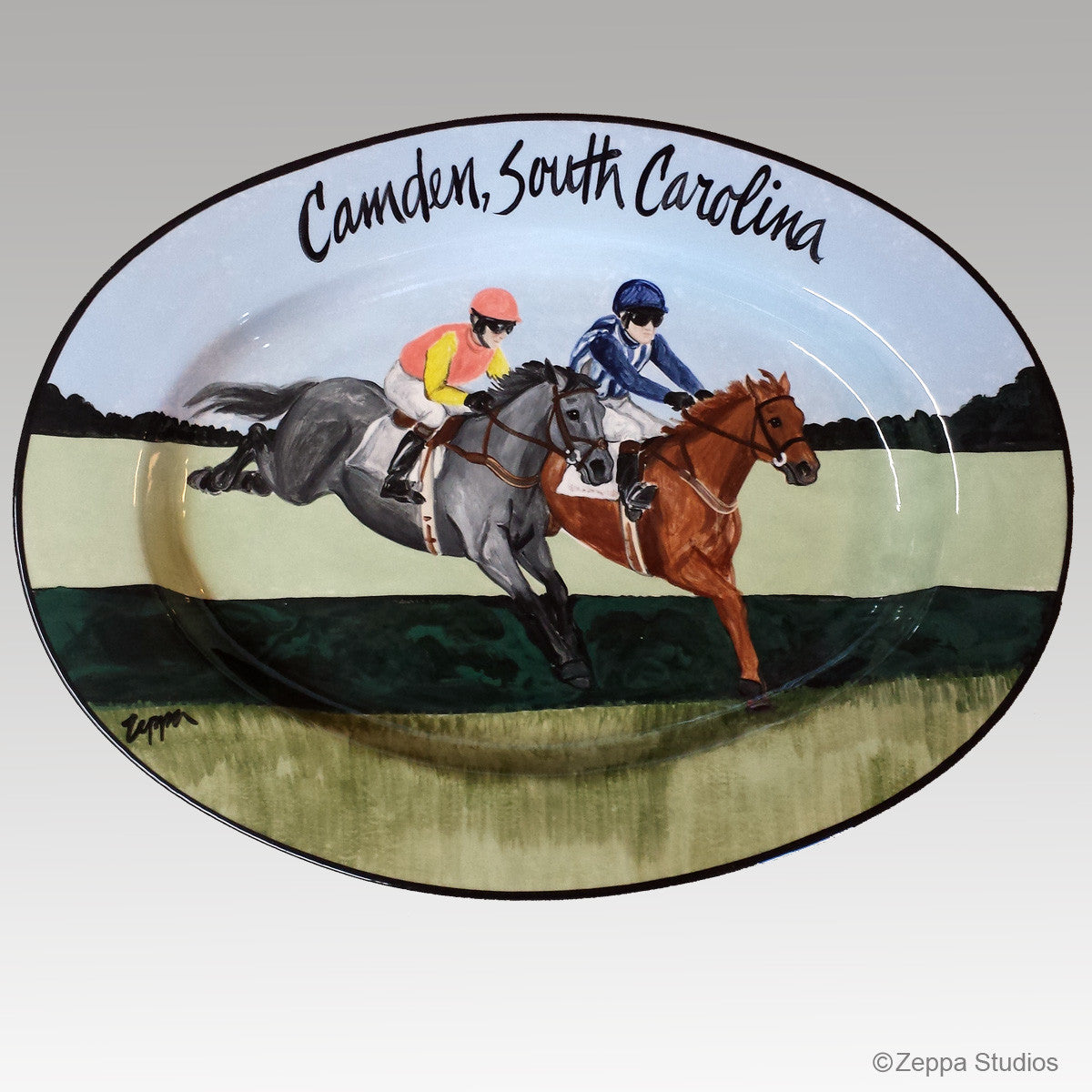 Custom Hand Painted Rim Platter, Steeplechasers