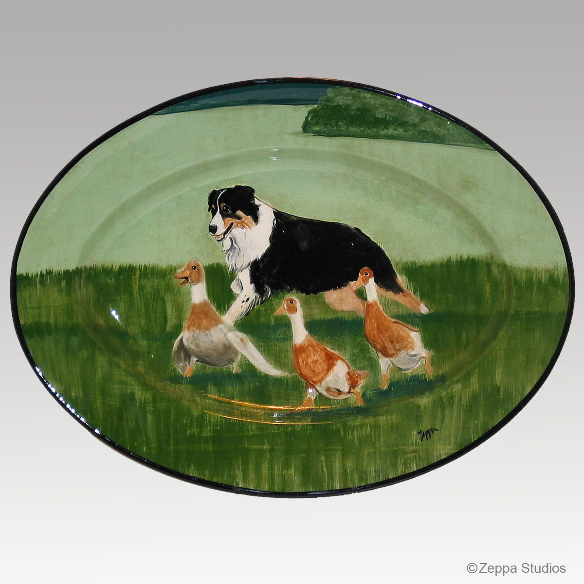 Gallery Style Hand Painted Rim Platter, Border Collie Herding Ducks