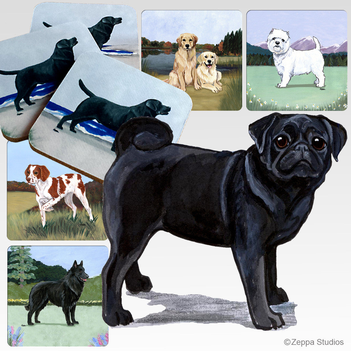 Black Pug Scenic Coasters
