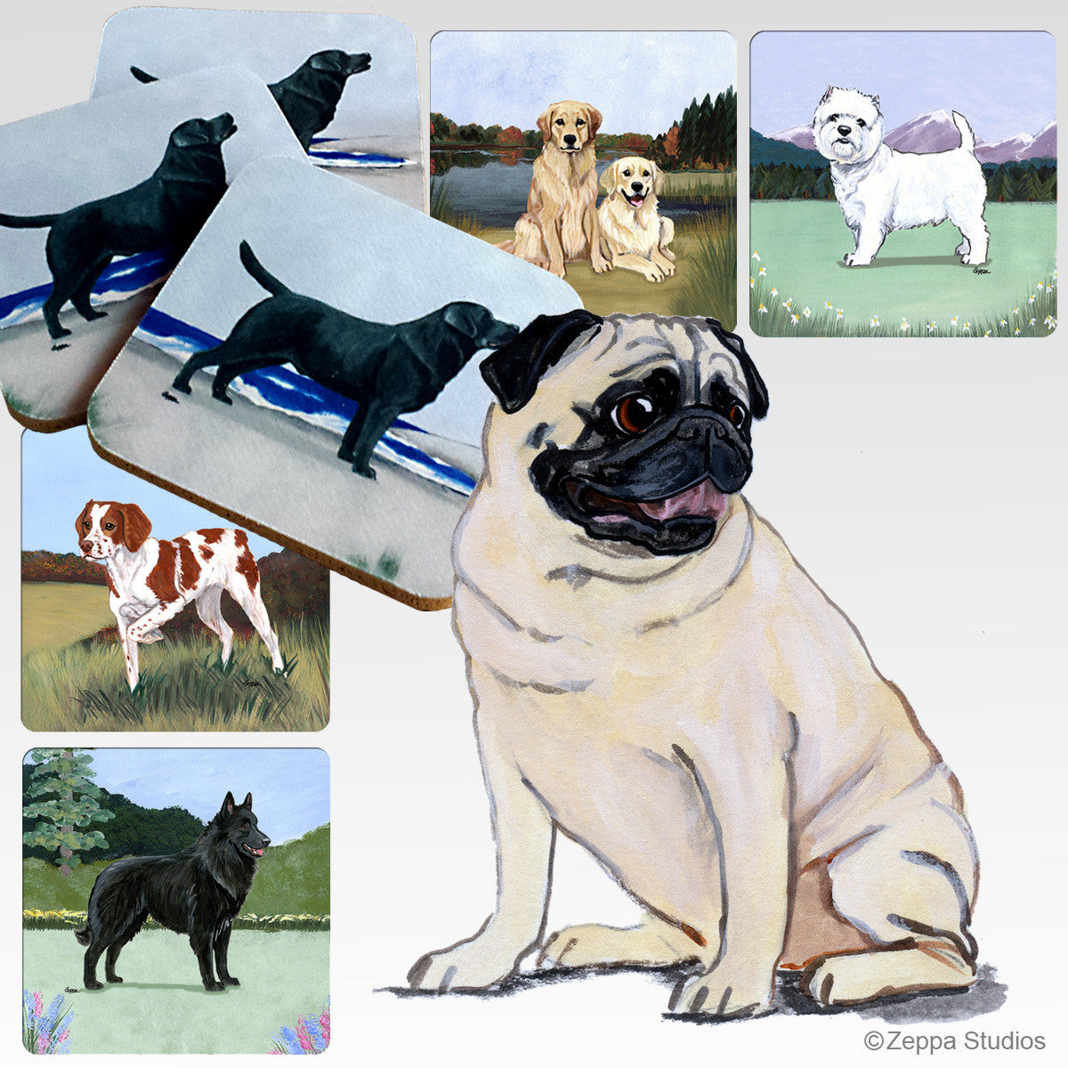 Pug Sitting Scenic Coasters