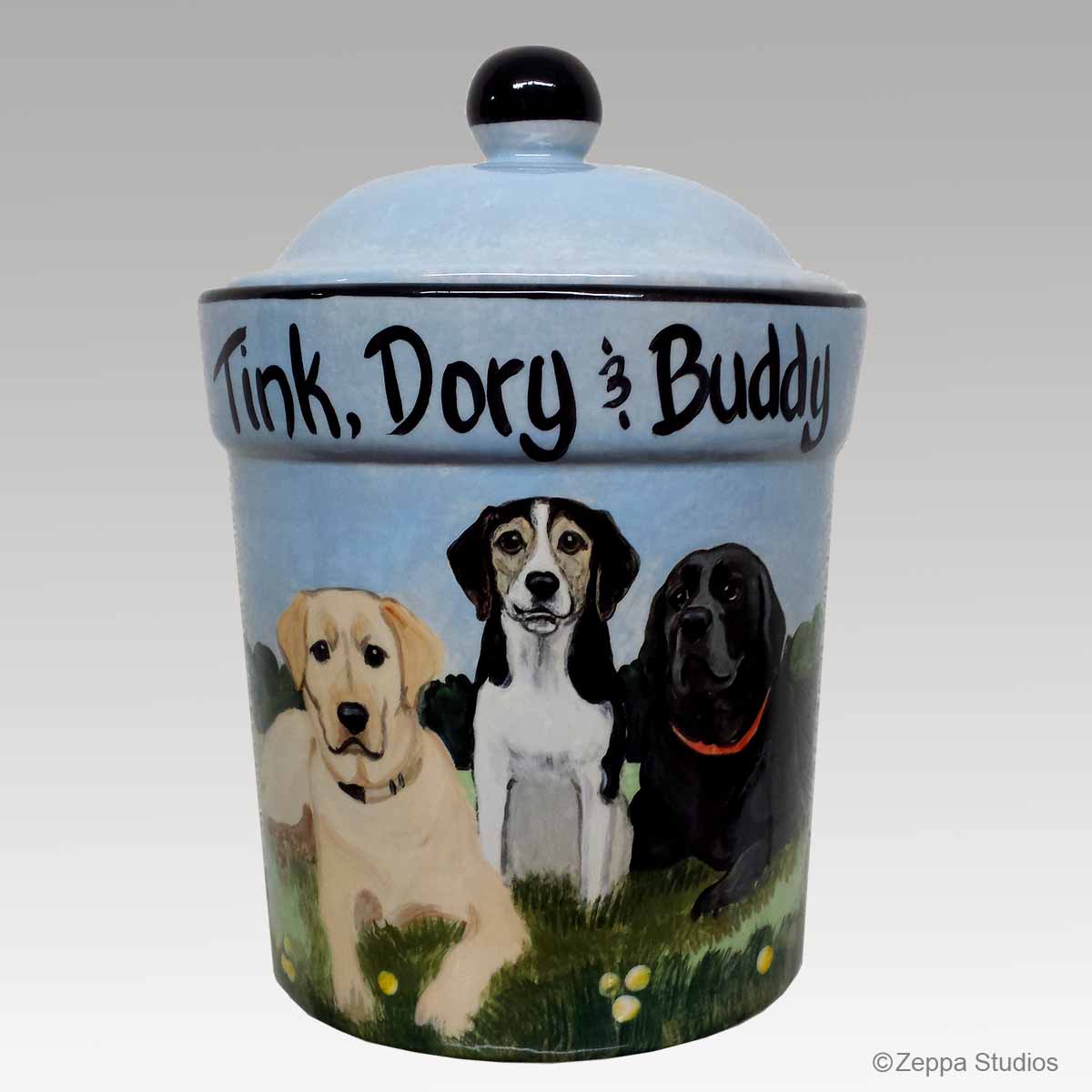 Custom Hand Painted Ceramic Canister with Two Labs and a Beagle Mix