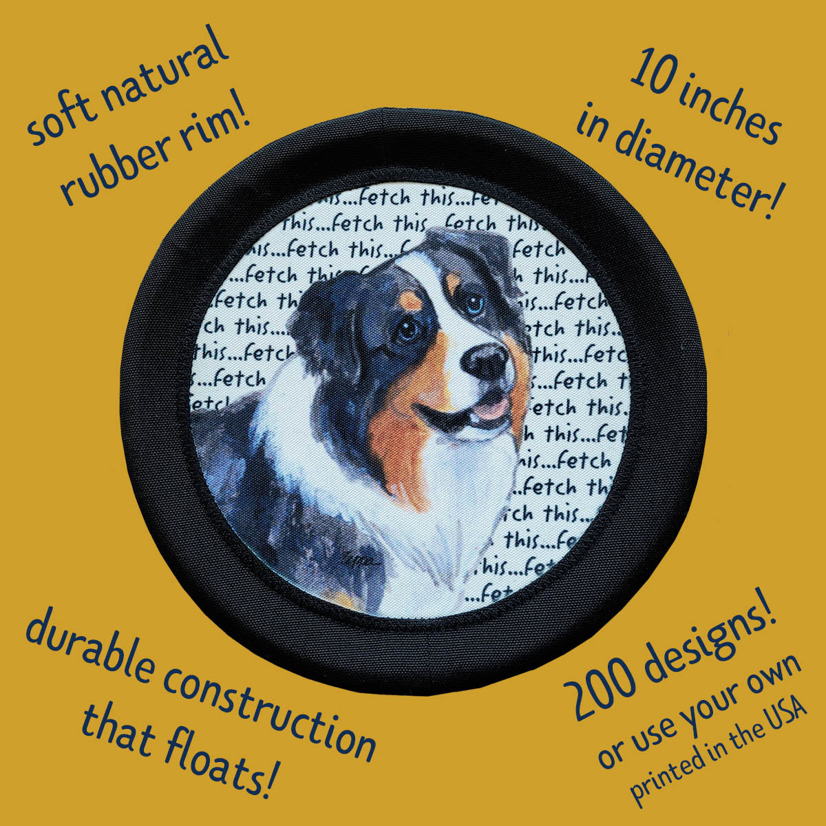 Features of the FotoFrisby Flying Disk Dog Toy - soft rubber rim, durable construction and it floats