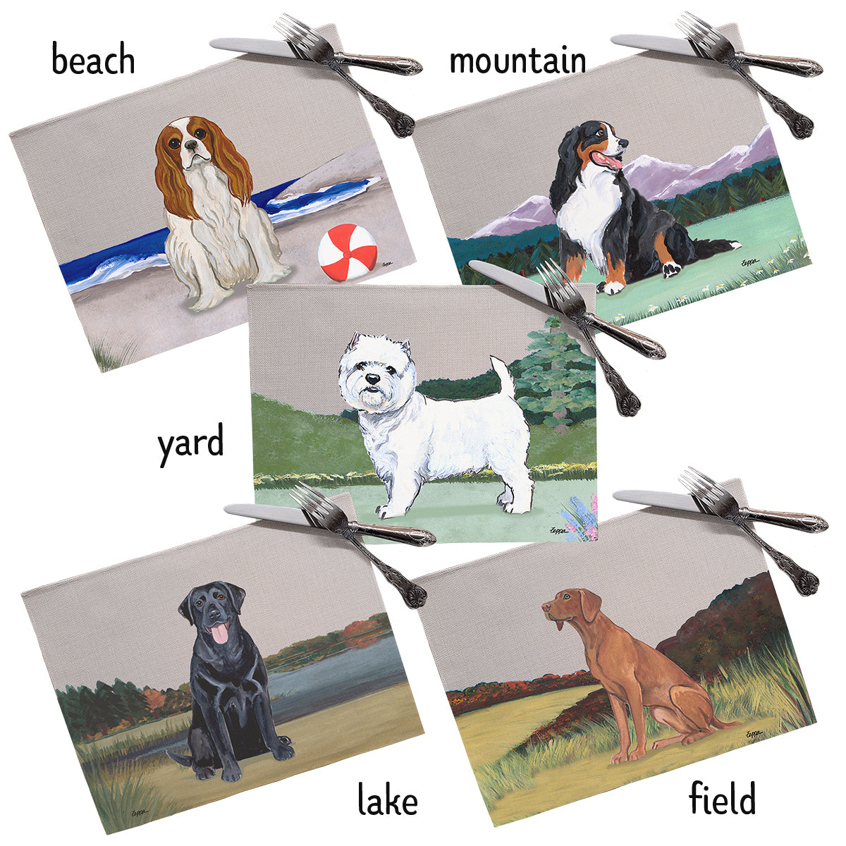 5 differnt scenic backgrounds available to set off your pet on linen placemats.