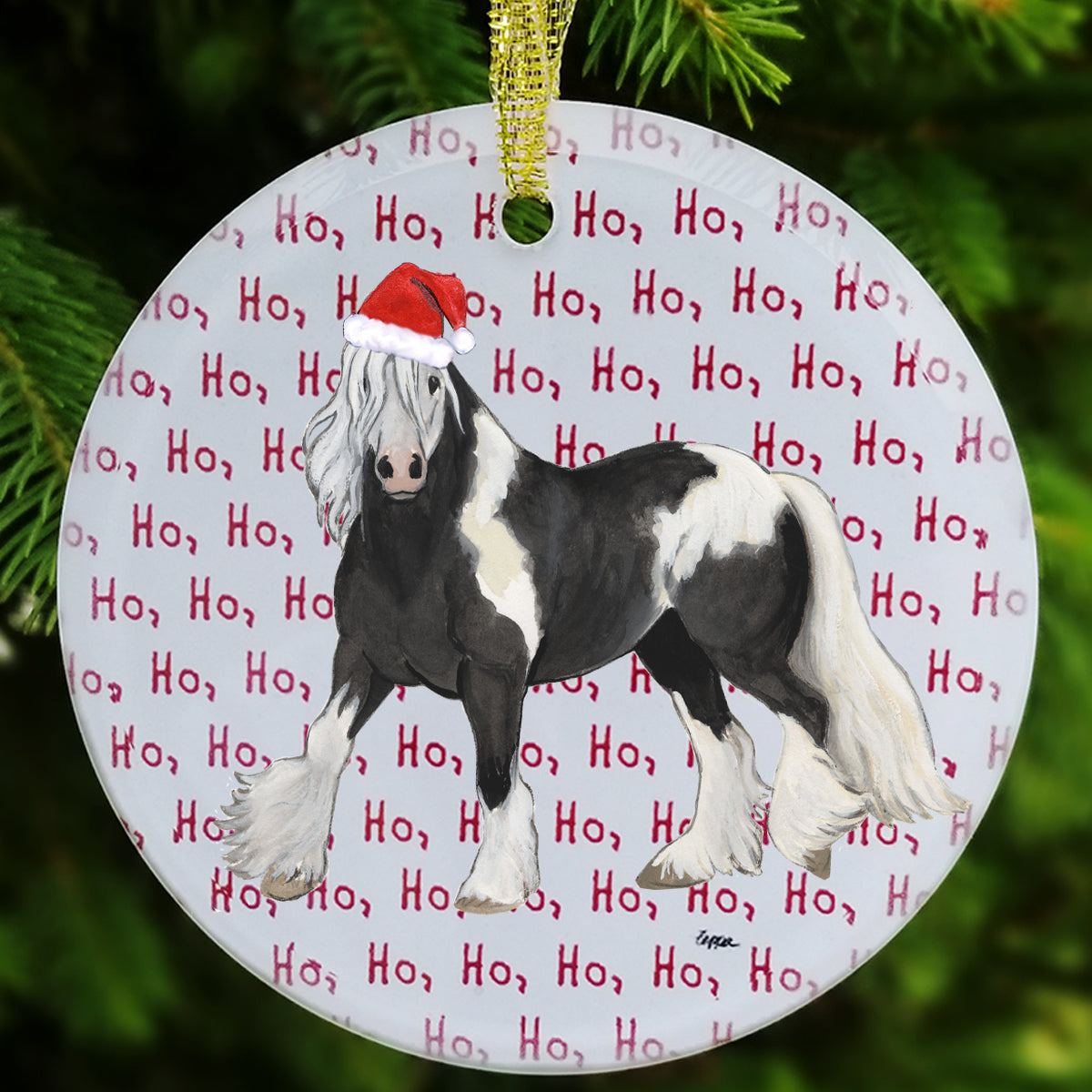 Gypsy Vanner Horse Ho Ho Ho Glass Ornament