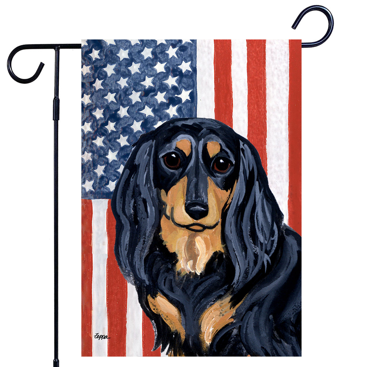 Longhaired Black and Tan Dachshund Americana Garden Flag