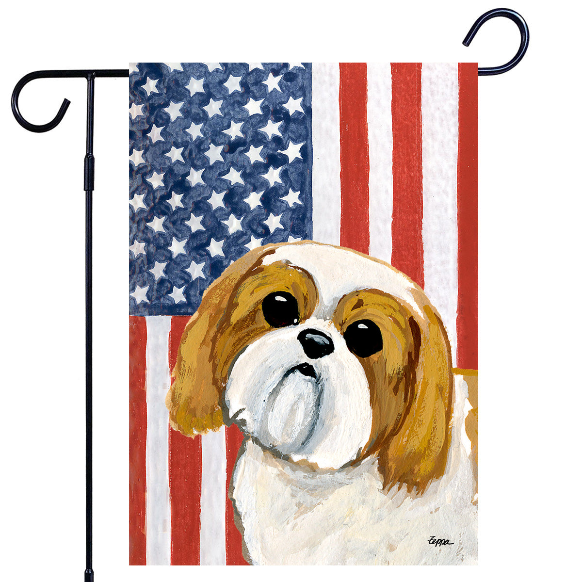 Shih Tzu Tan & White Puppy Clip Americana Garden Flag