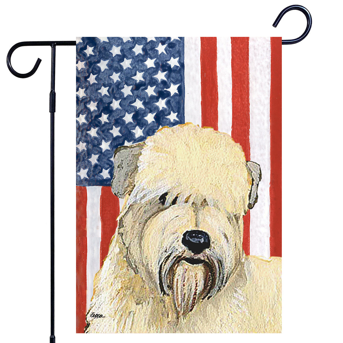 Wheaten Terrier in front of an American Flag