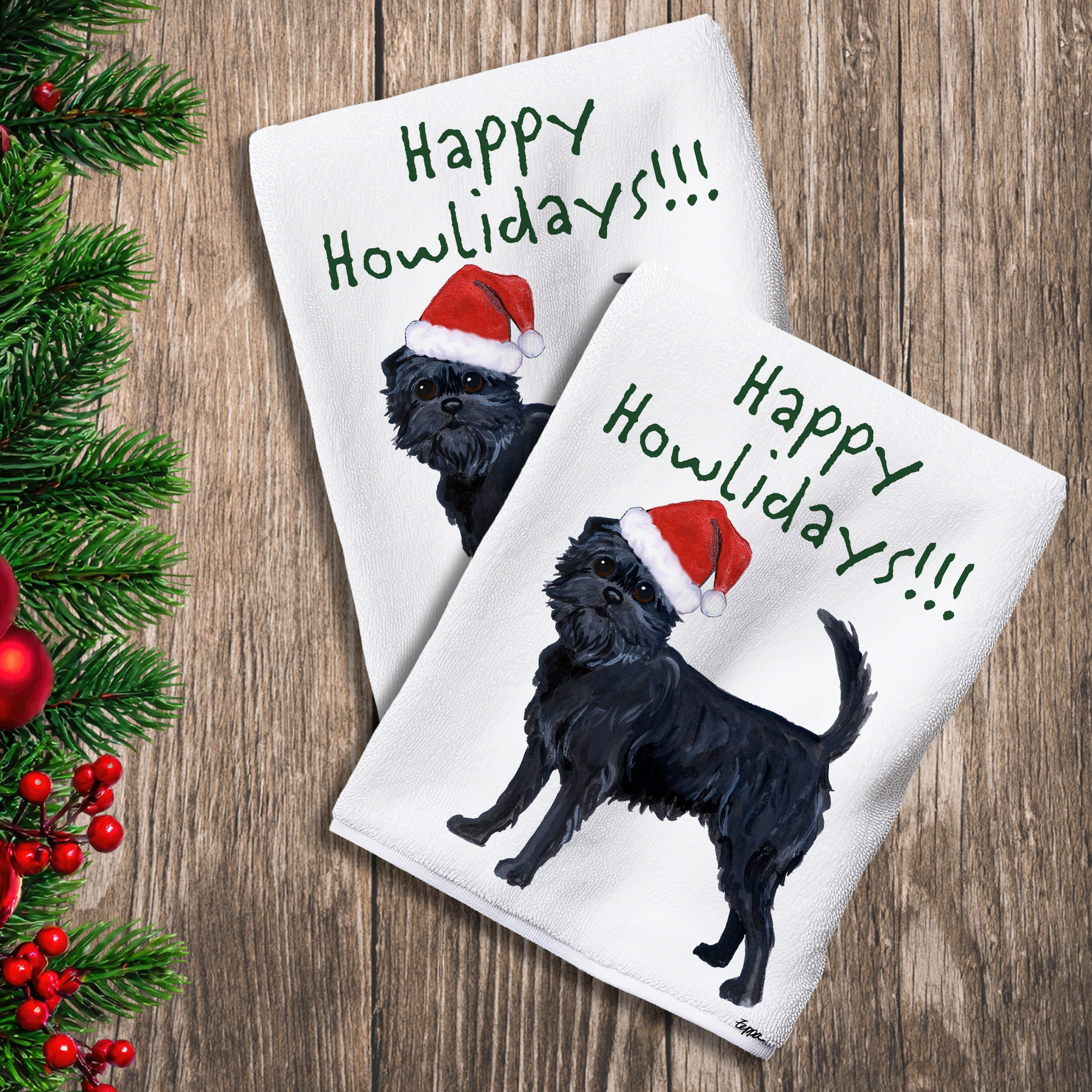 2 Kitchen Towels with an Affenpinscher in a Santa Hat and Happy Howlidays text.