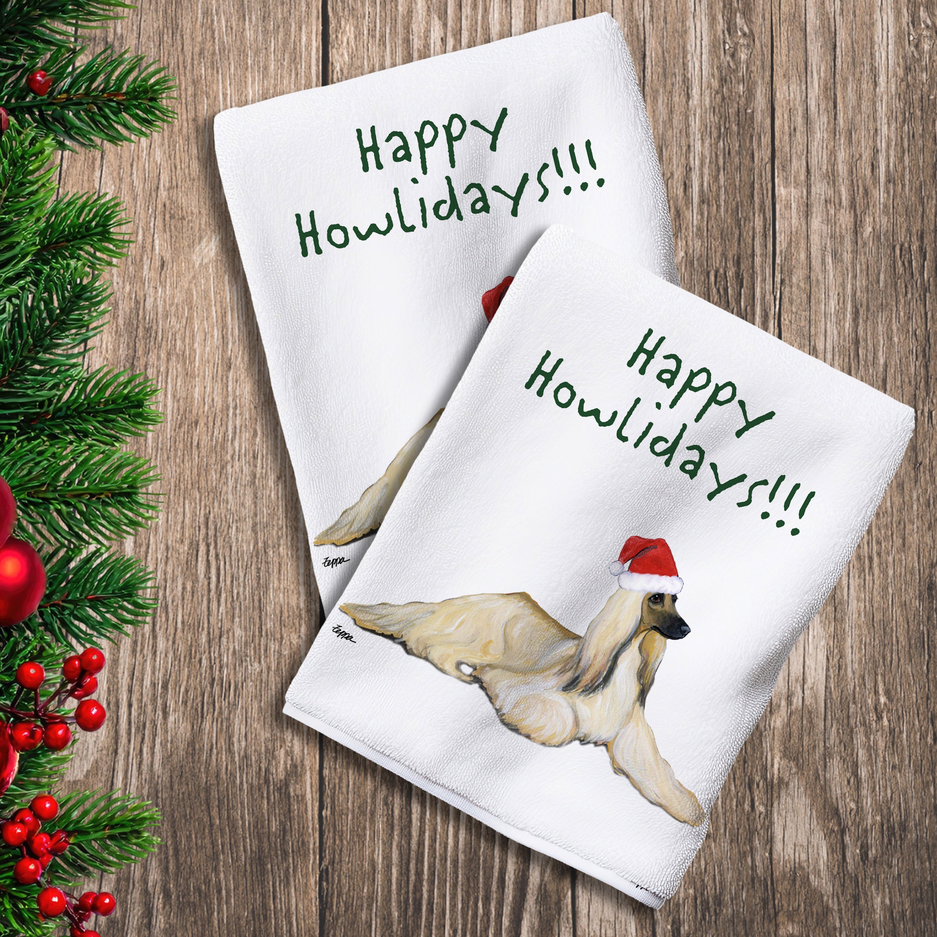 2 Kitchen Towels with an Afghan Hound in a Santa Hat and Happy Howlidays text.
