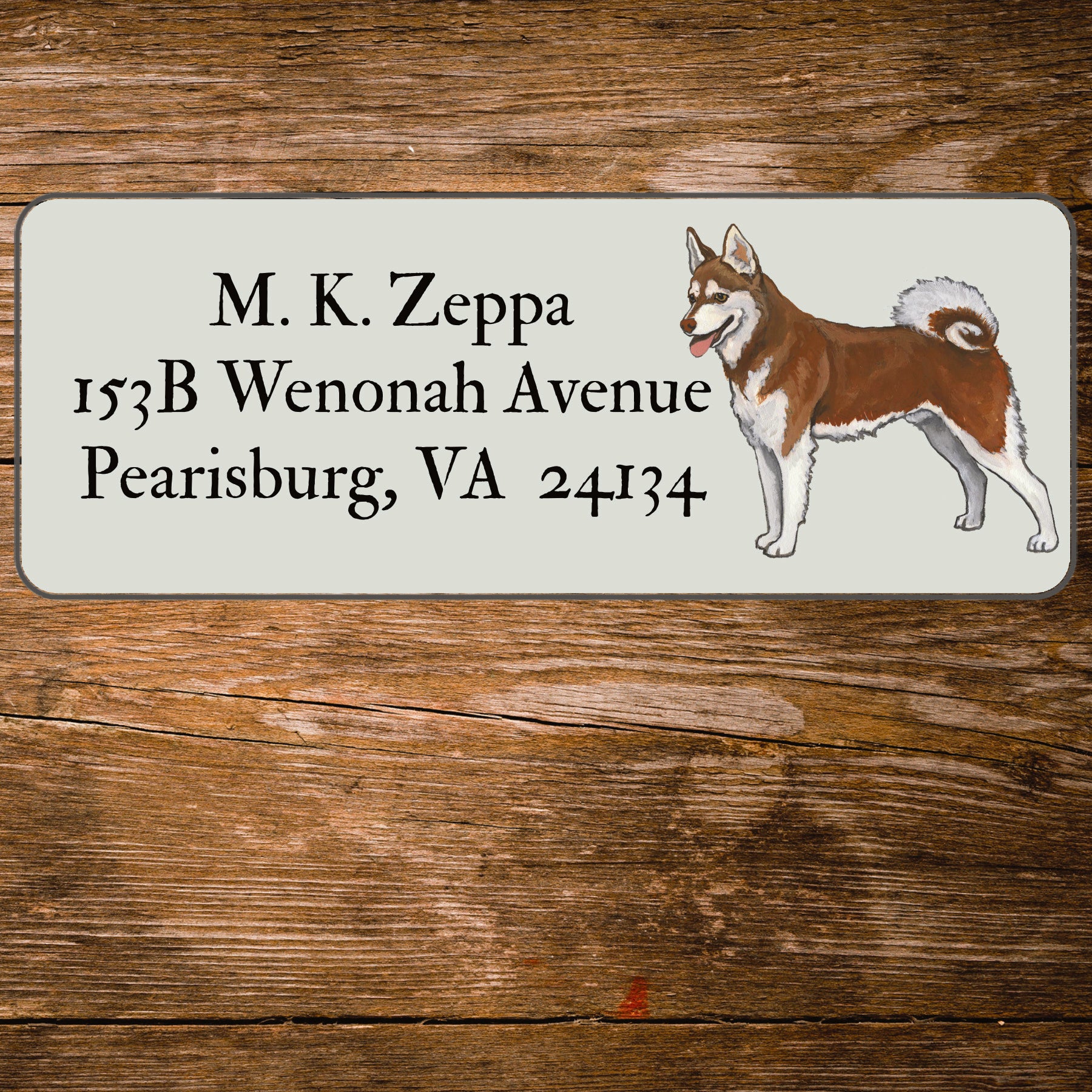 Return address label with an illustration of an Alaskan Klee Kai