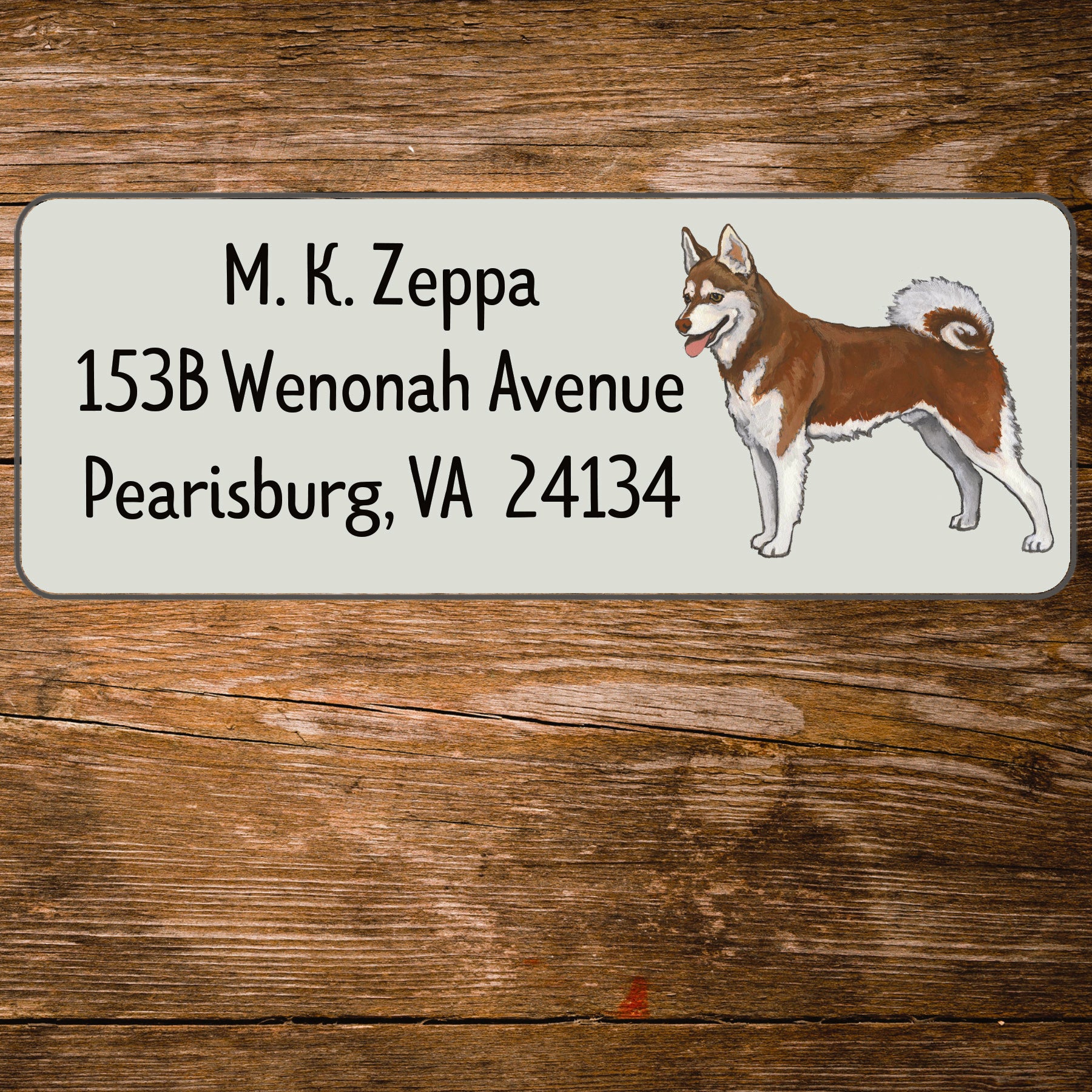 Return address label with an illustration of an Alaskan Klee Kai