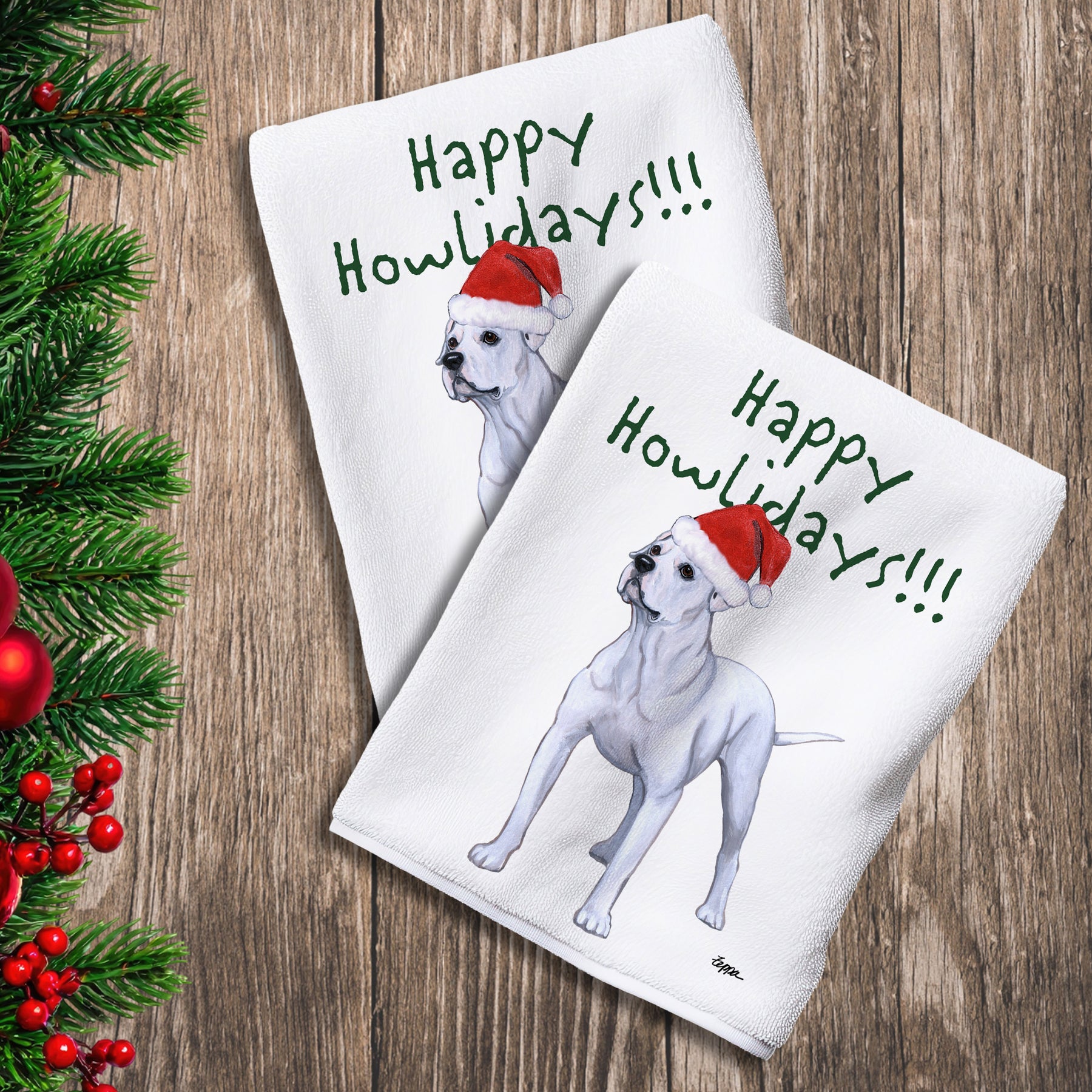 2 Kitchen Towels with an American Bulldog in a Santa Hat and Happy Howlidays text.