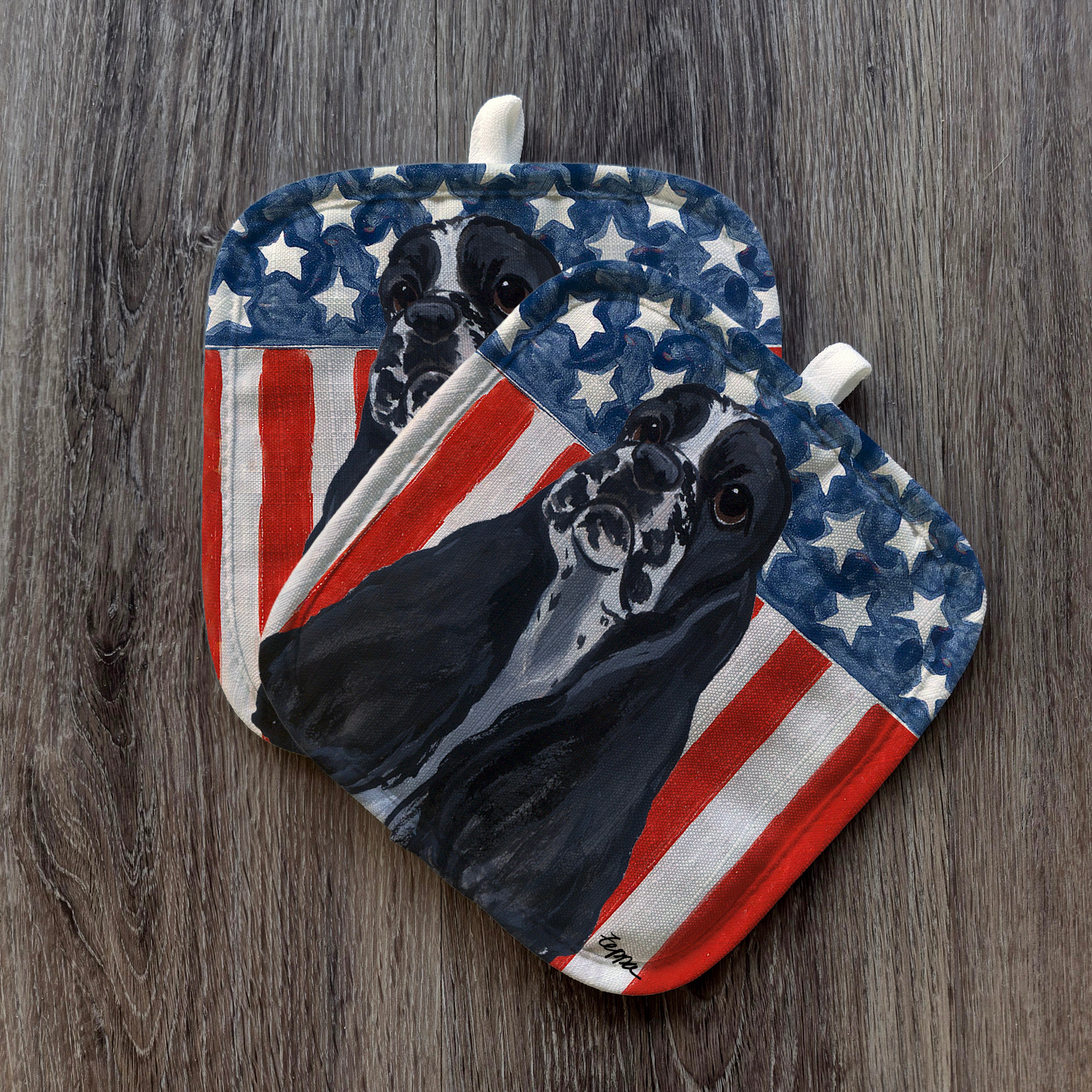 Black and White Cocker Spaniel Americana Pot Holder Set