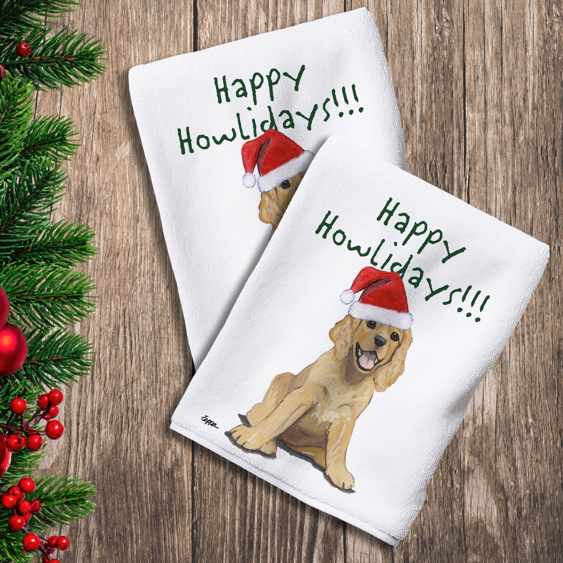 2 Kitchen Towels with an American Cocker Spaniel Puppy in a Santa Hat and Happy Howlidays text.